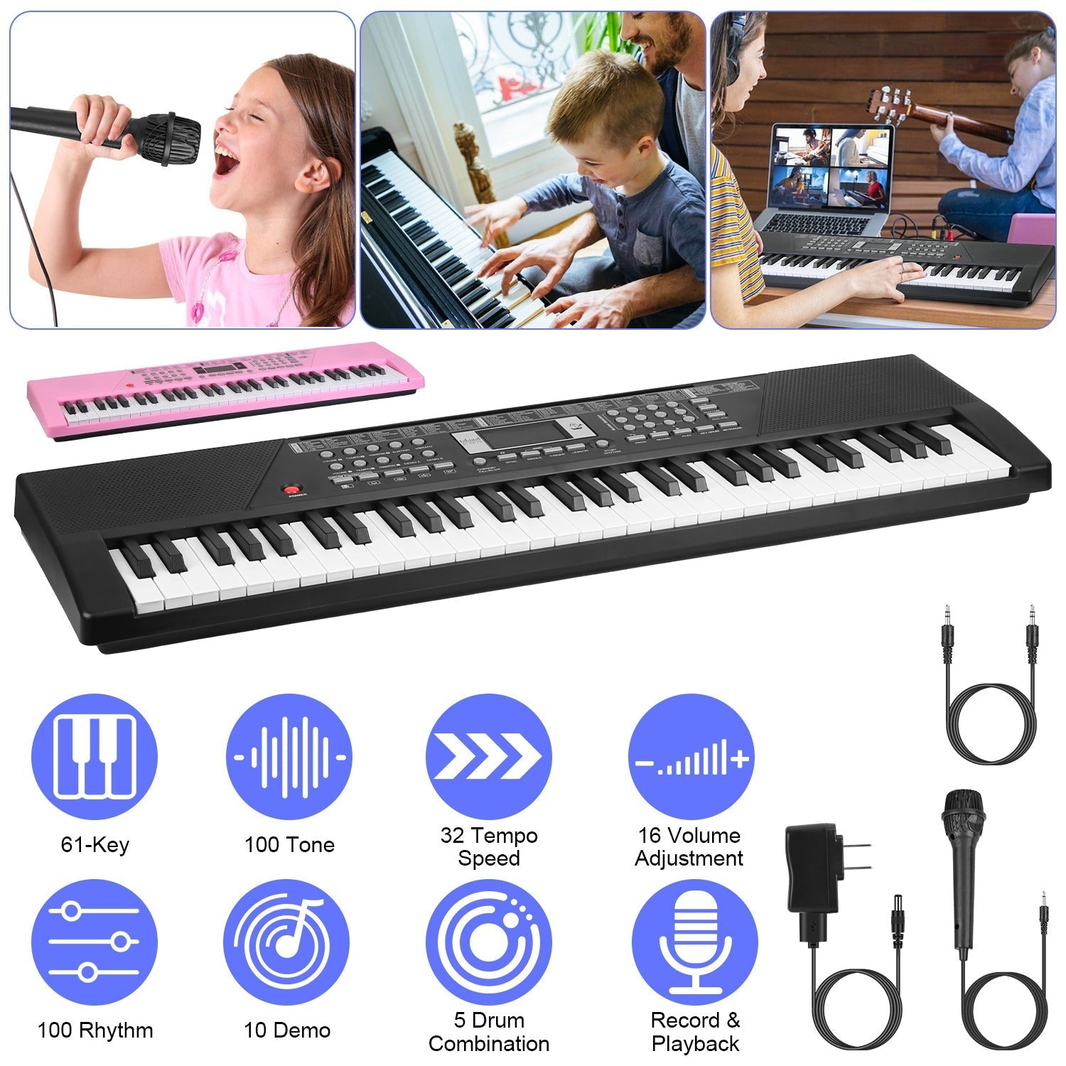 61 Keys Digital Music Keyboard Electric Piano Electronic Musical Instrument Kids Learning Keyboard with Microphone for 3-12 Year Old Kids Girls Boys