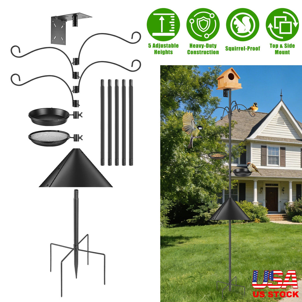 94Inch Squirrel Proof Bird Feeder Pole Heavy-Duty Bird House Pole  Outdoor Bird Feeding Station with 5 Adjustable Heights 4 Shepherd Hooks Top & Side