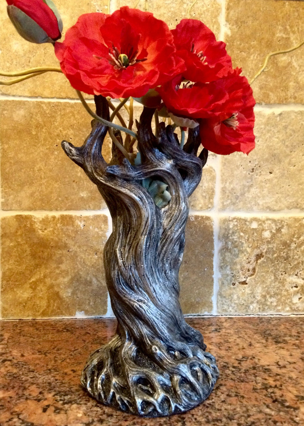 Tree Vase, Pewter Finish | Unique Woodland Rustic Home Decor | Resin Sculpture Flower Vase, Nature Gift and Earthy Home Decor