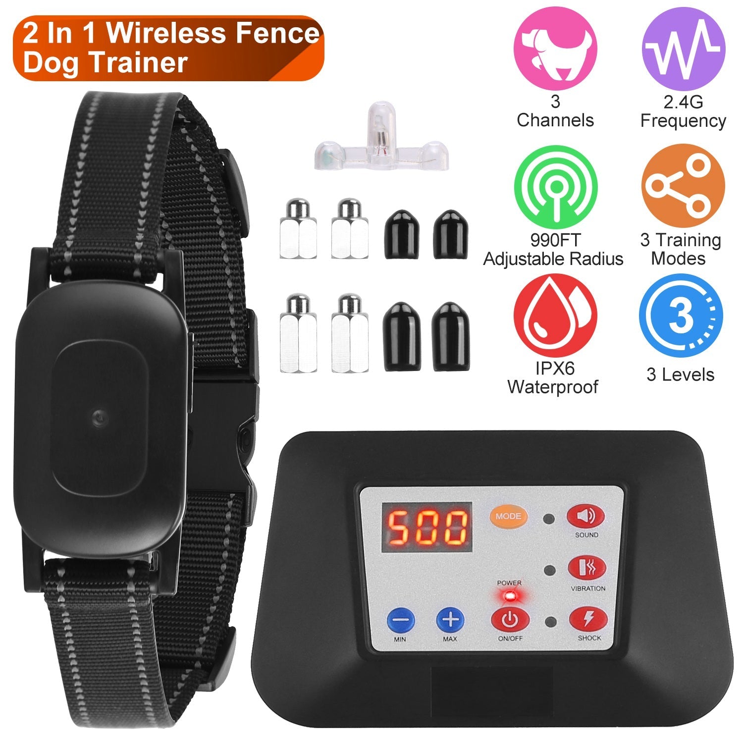 990FT Radius Dog Training Collar Wireless Fence IPX6 Waterproof Pet Beep Vibration Electric Shock Fence System 3 Channels Rechargeable Transmitter Rec