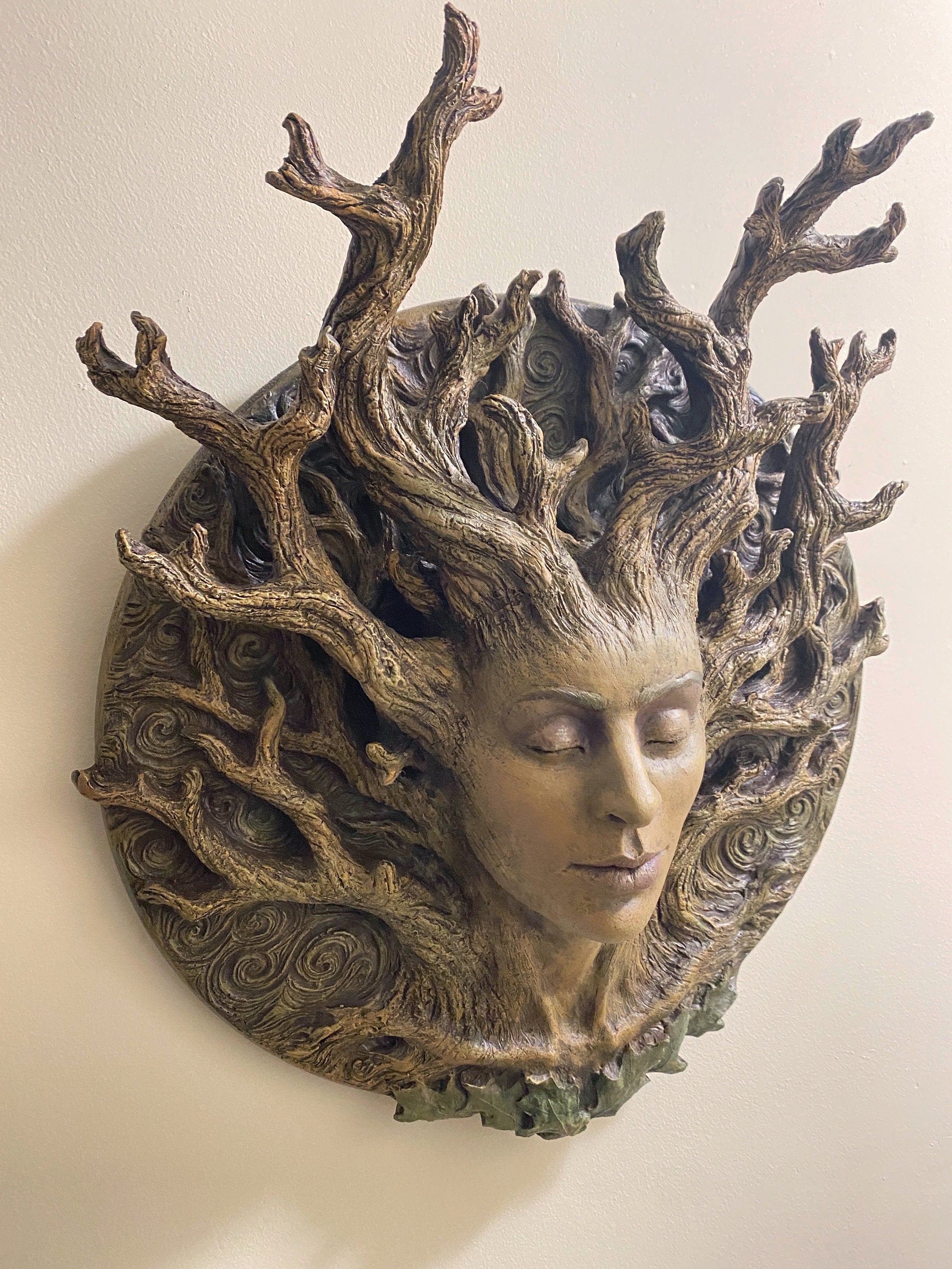 Dryad Bust, Life Sized Wall Plaque Resin Sculpture | Mythic Forest Creature Wall Art | Woodland Goddess Wall Plaque for Nature Lovers