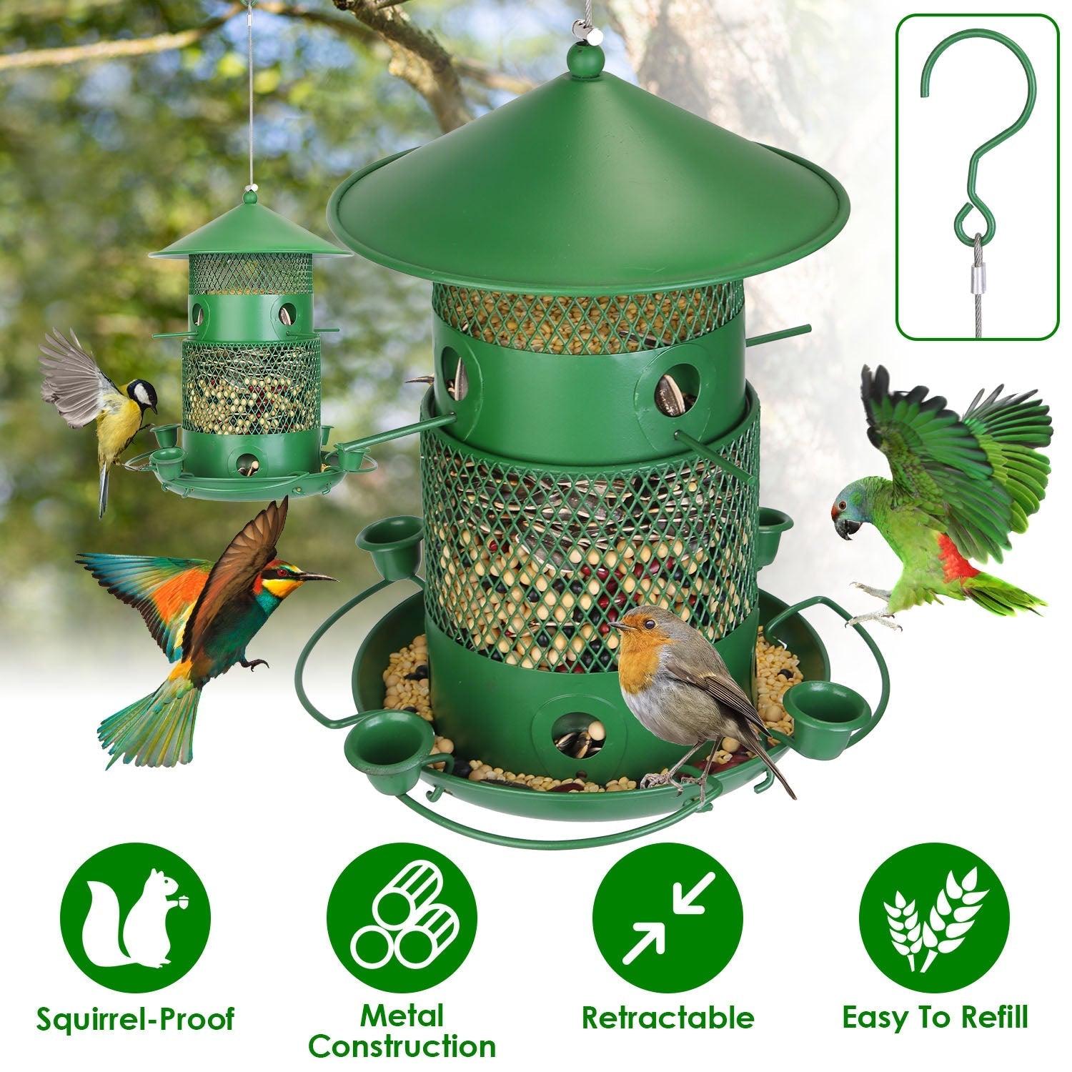 Wild Bird Feeder Squirrel-Proof Chew-Proof Metal Bird Seed Feeder Outdoor Hanging Bird Feeder With 360¡ Circular Perches Water Cups For Yard Garden Pa
