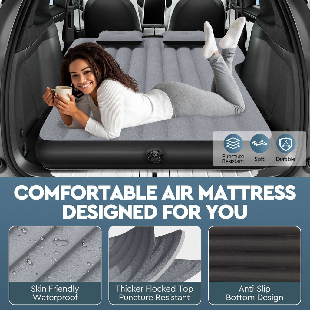 Tesla Model Y Mattress: Inflatable Camping Bed Air Mattress for Model Y, Thickened Travel SUV Sleeping Pad with Car Air Pump 2 Pillows,Grey