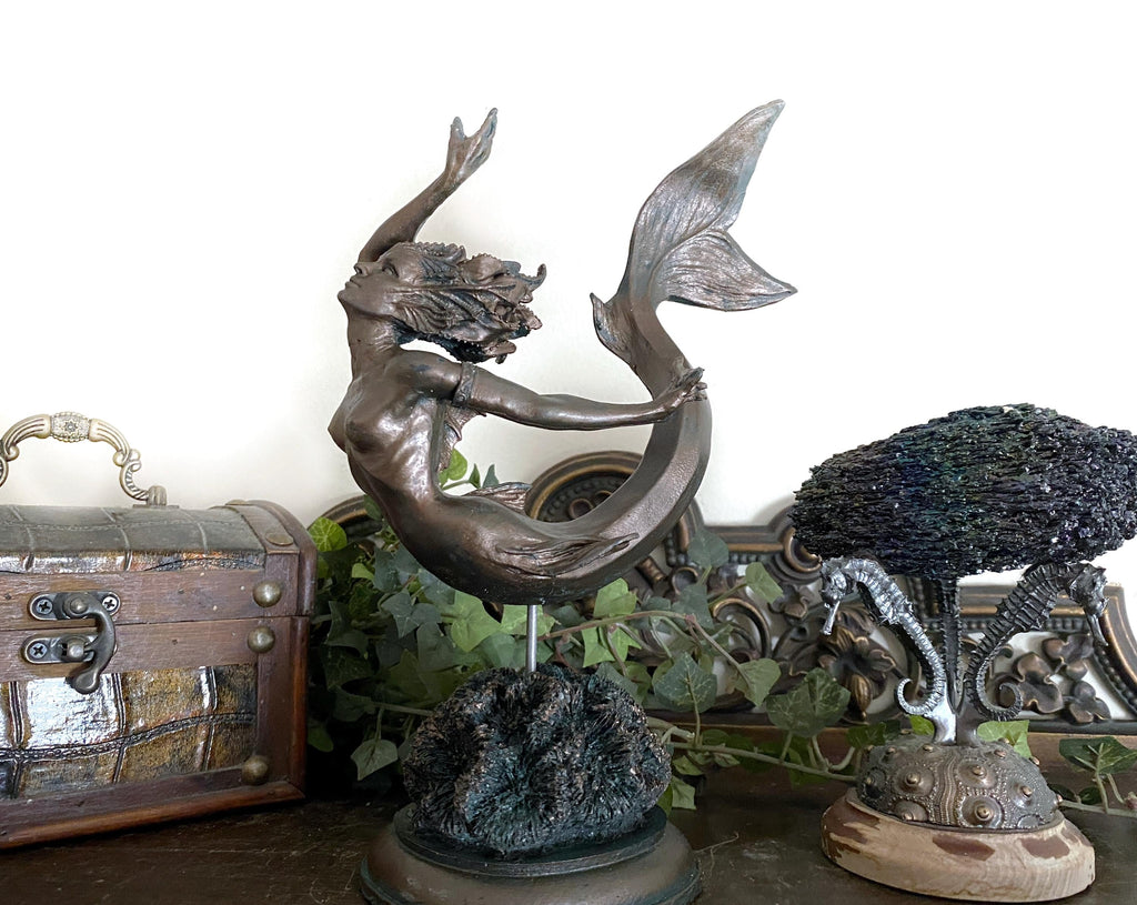 Mermaid Statue, Hand Painted Resin Sculpture, Bronze Finish| Mythical Creature Figurine| Unique Legendary Mermaid Figurine Fantasy Art Decor