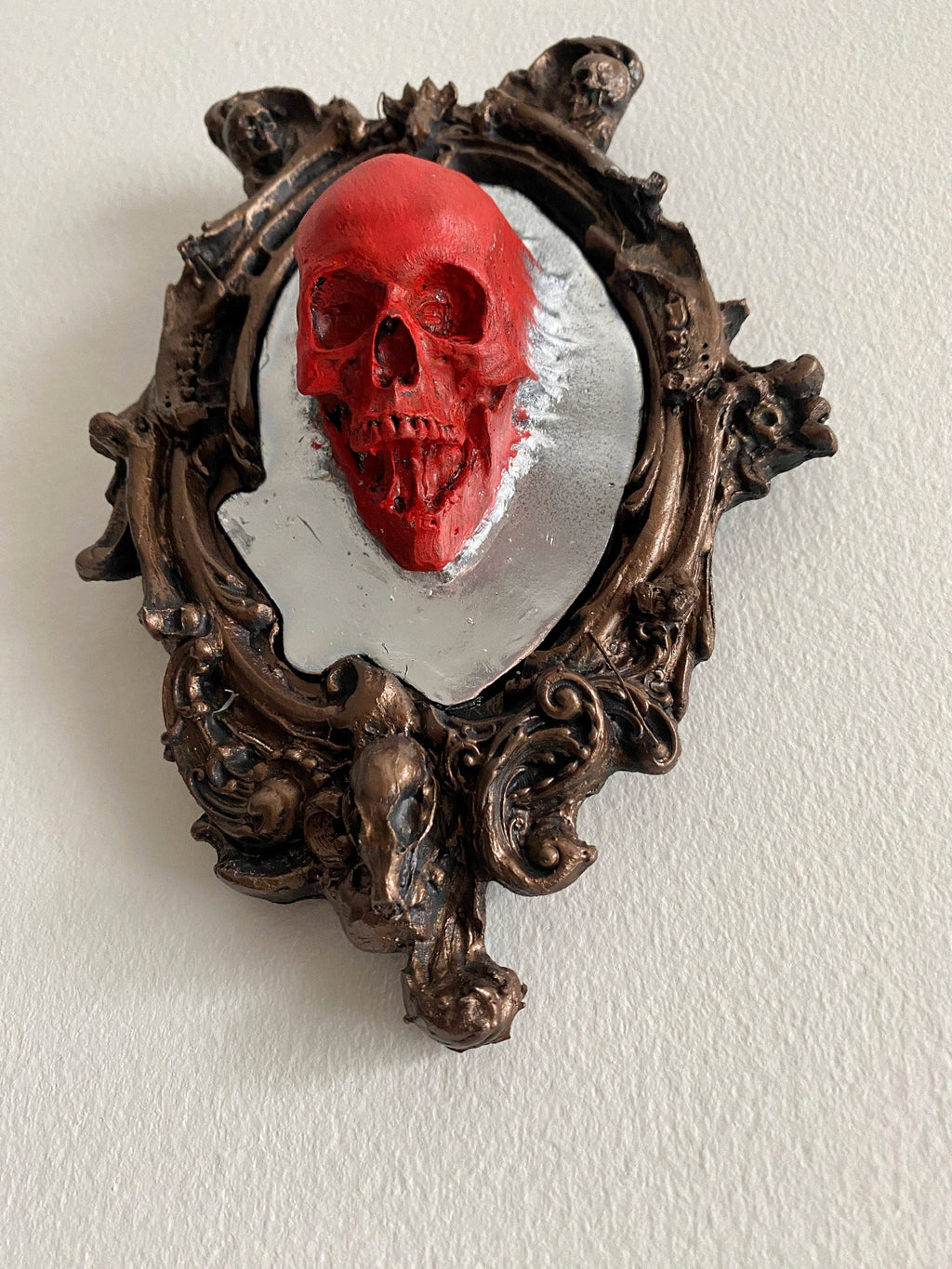 Spectral Skull Wall Plaque, Blood Red, Resin | Victorian Gothic Haunted Wall Art |Ghost Skull in Mirror for Halloween, Spooky Home Decor