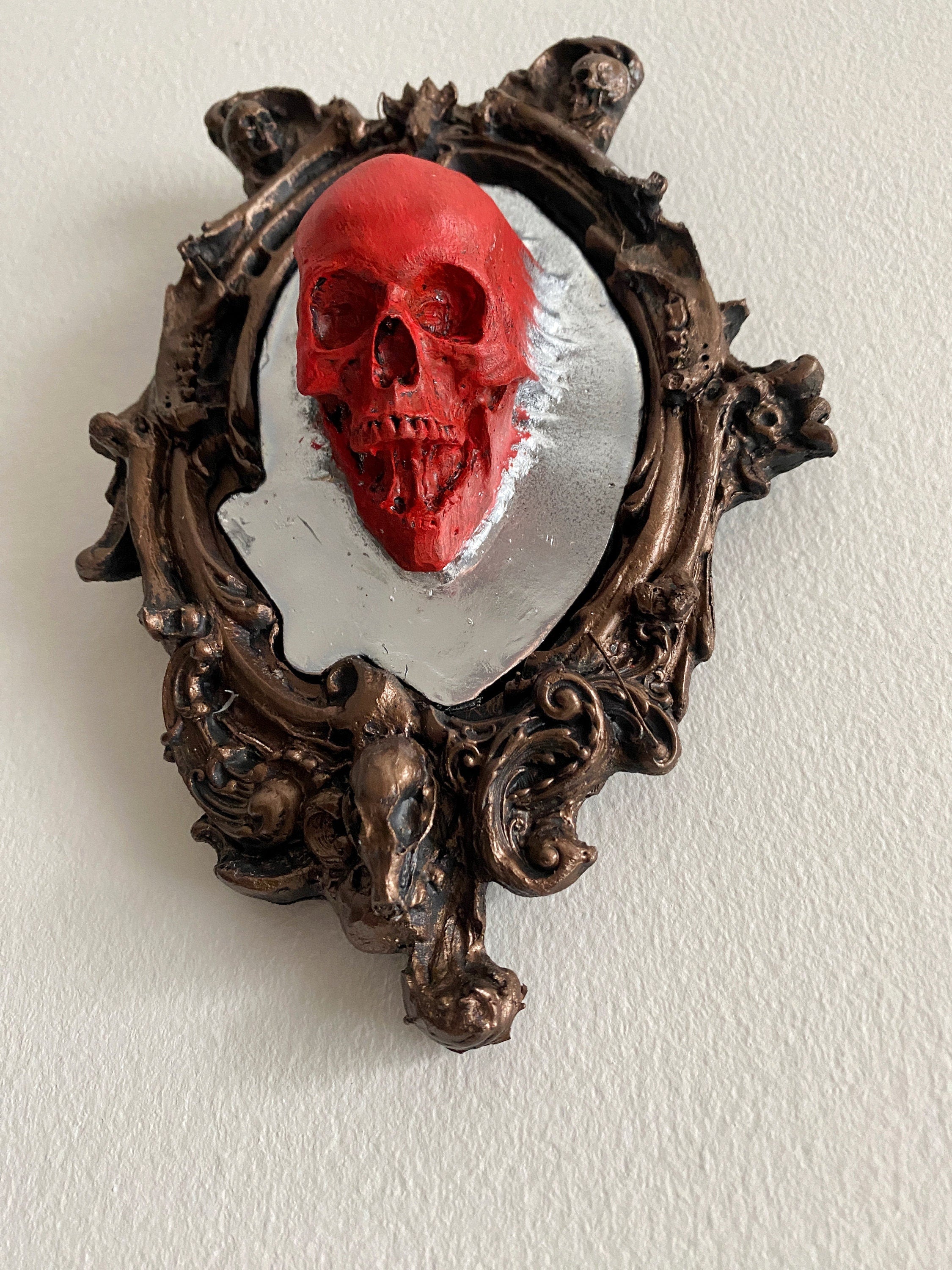 Spectral Skull Wall Plaque, Blood Red, Resin | Victorian Gothic Haunted Wall Art |Ghost Skull in Mirror for Halloween, Spooky Home Decor