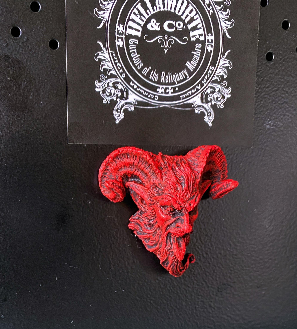 Krampus Magnet, Version 3, Hand Painted Resin Sculpture | Mythic Fantasy Decor | Krampus Head Magnet for Dark Fantasy and Gothic Decor