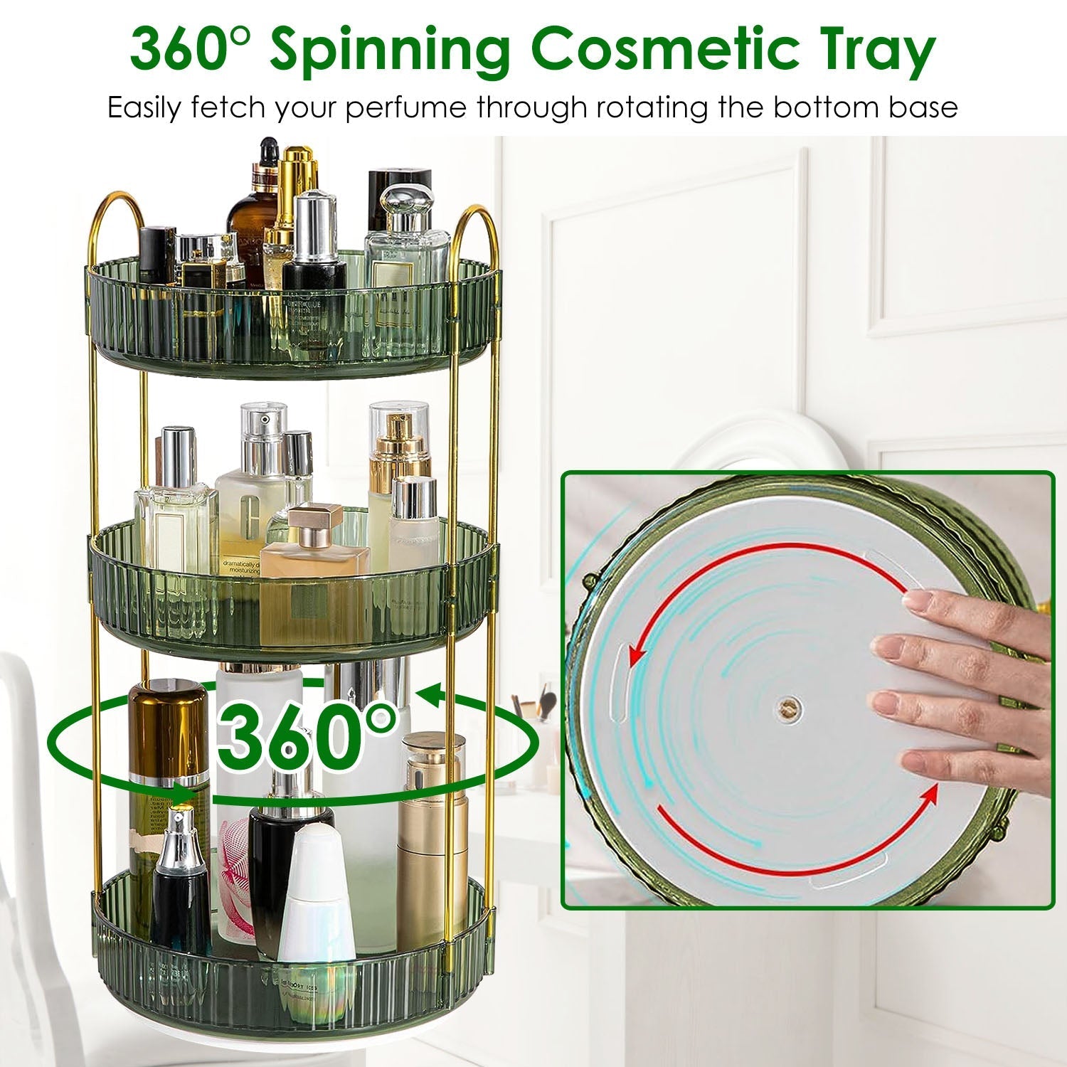 3 Tier Rotating Makeup Organizer 360¡ Spinning Perfume Cosmetic Storage Tray 55LBS Load Countertop Shelves for Lotion Lipstick