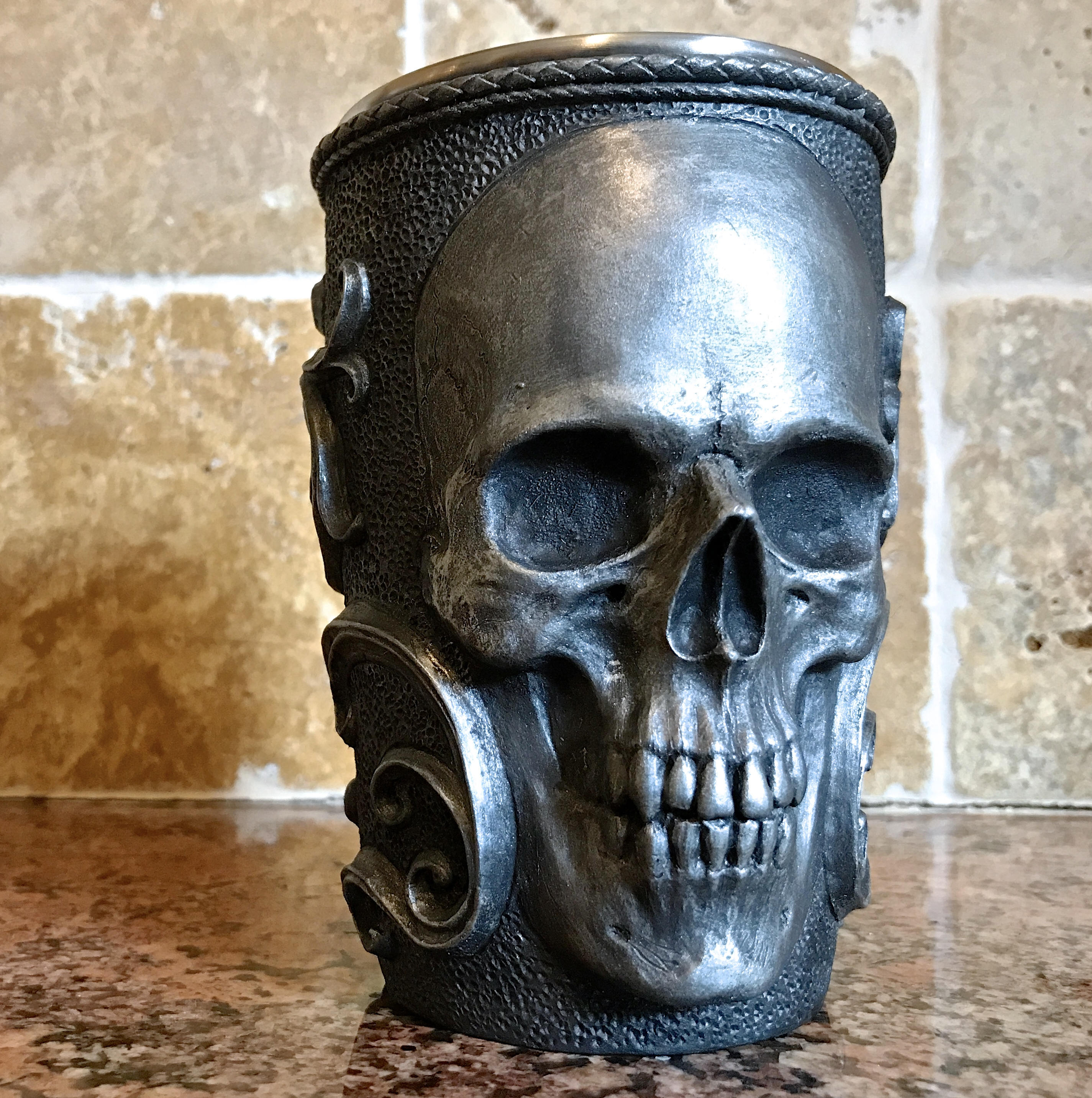 Necromancer Skull Mug, Hand Sculpted Resin Gothic Art Mug with Stainless Steel Liner