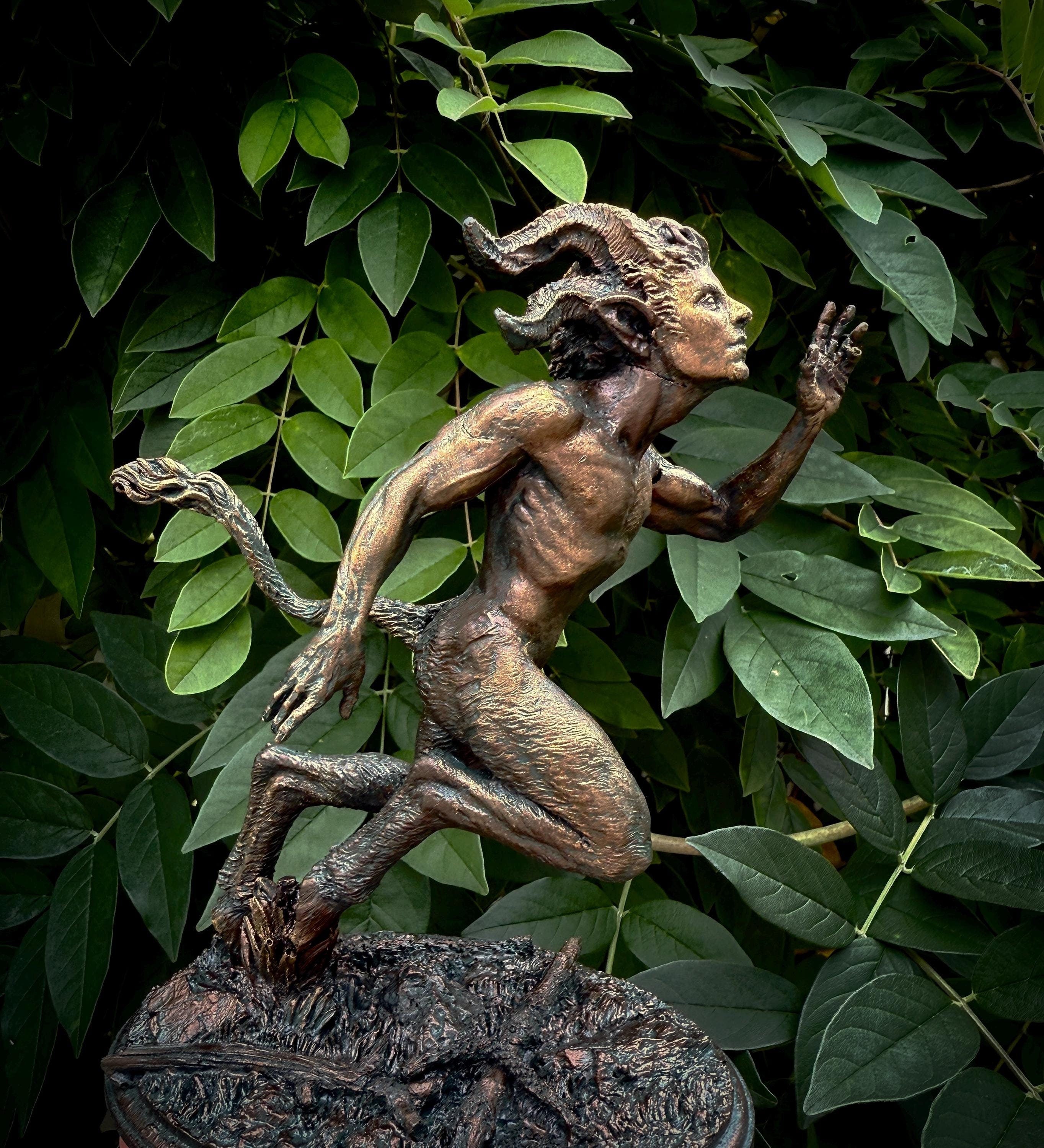 Running Satyr Statue, Hand Painted Resin Sculpture | Mythical Creature Figurine | Unique Legendary Faun Figurine. Fantasy Art Decor