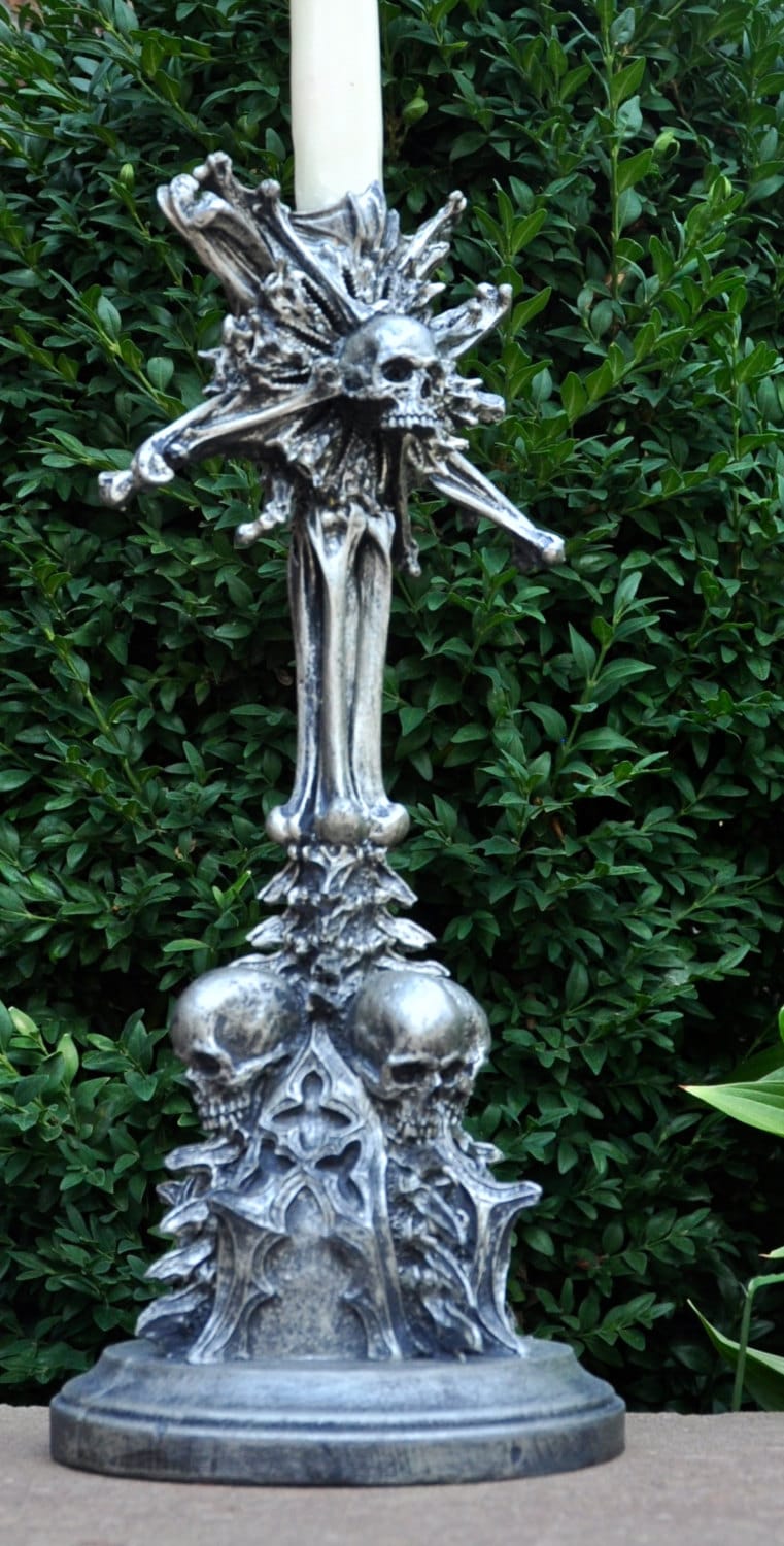 Requiem Monstrance Candlestick Holder, Hand Sculpted Resin | Spooky Gothic Skull and Bones Candle Holder for Halloween Gift and Gothic Decor