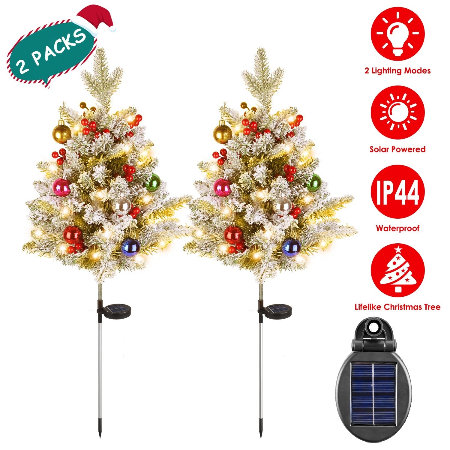 2Pcs Solar Powered Lighted Christmas Tree Urn Filler With Light Artificial Xmas Trees Light with Berries Decor Balls LED Pathway Pine Tree IP44 Waterp