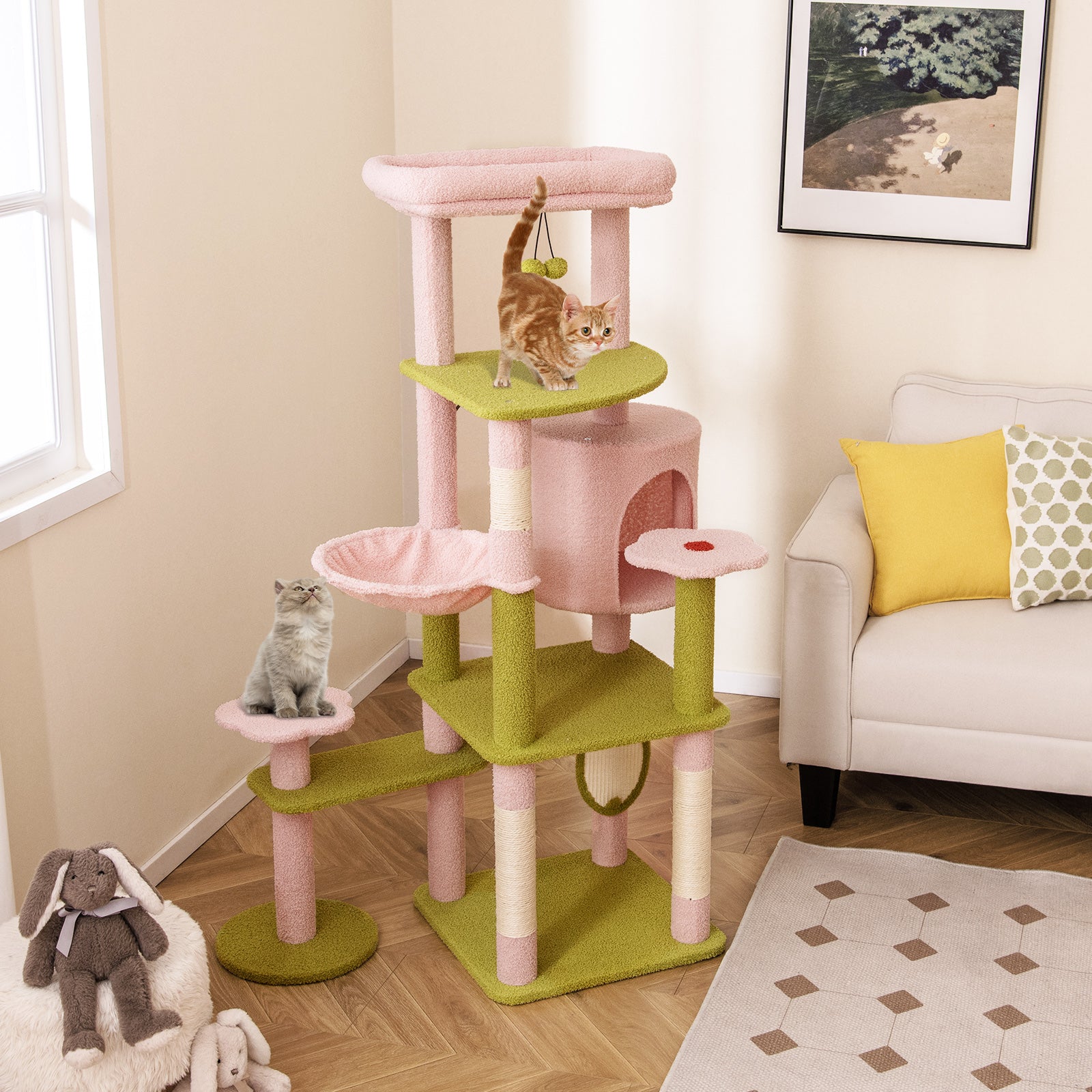 58 Inch Tall Multi-Level Cat Tree Aesthetic Floral Kitten Tower-Pink