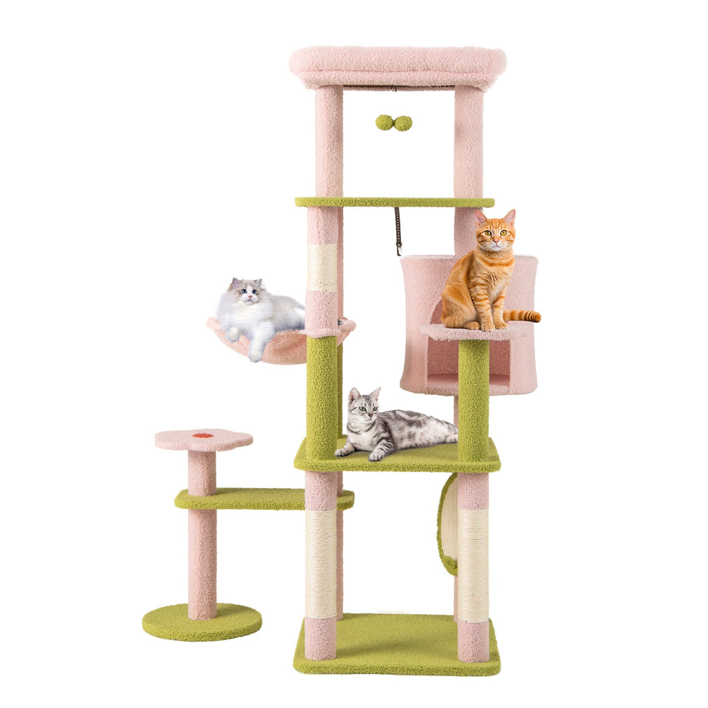 58 Inch Tall Multi-Level Cat Tree Aesthetic Floral Kitten Tower-Pink