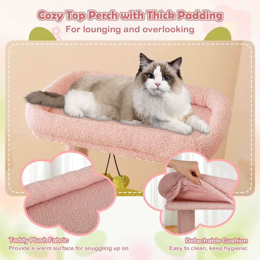 58 Inch Tall Multi-Level Cat Tree Aesthetic Floral Kitten Tower-Pink