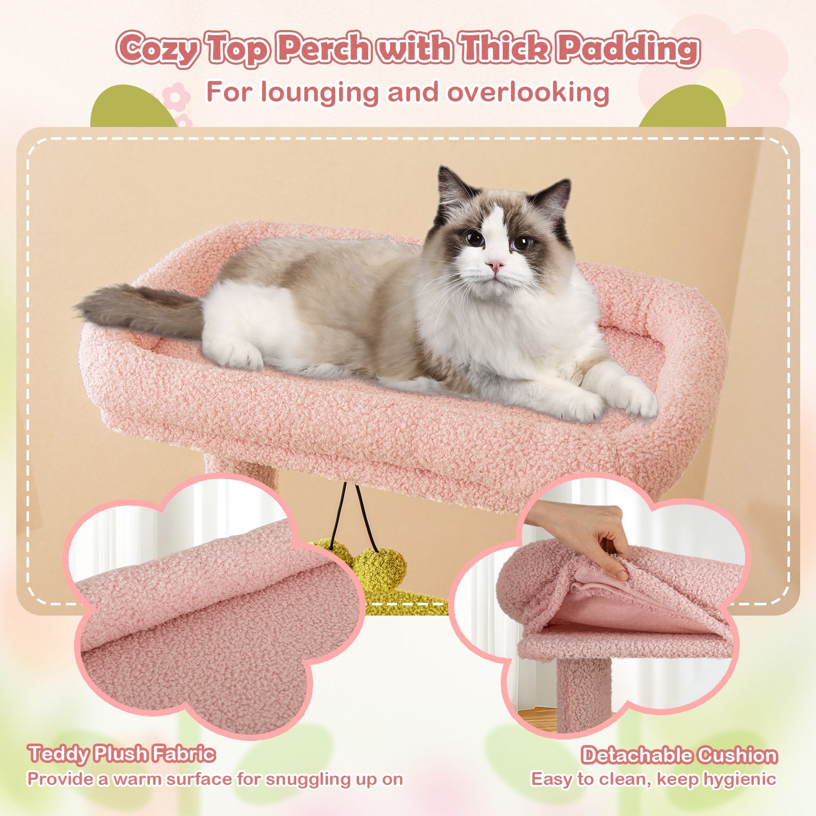 58 Inch Tall Multi-Level Cat Tree Aesthetic Floral Kitten Tower-Pink