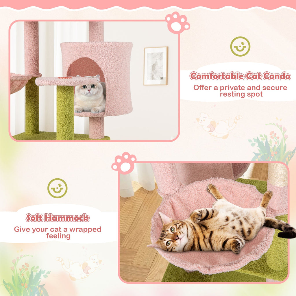 58 Inch Tall Multi-Level Cat Tree Aesthetic Floral Kitten Tower-Pink