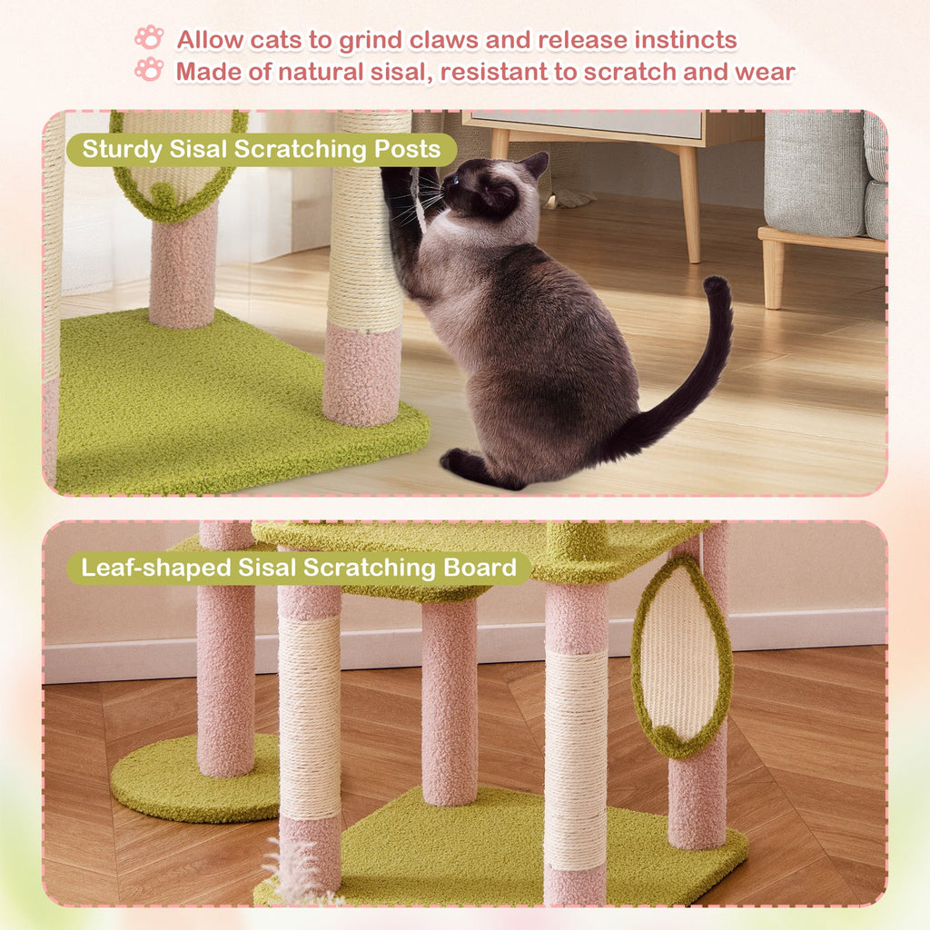 58 Inch Tall Multi-Level Cat Tree Aesthetic Floral Kitten Tower-Pink