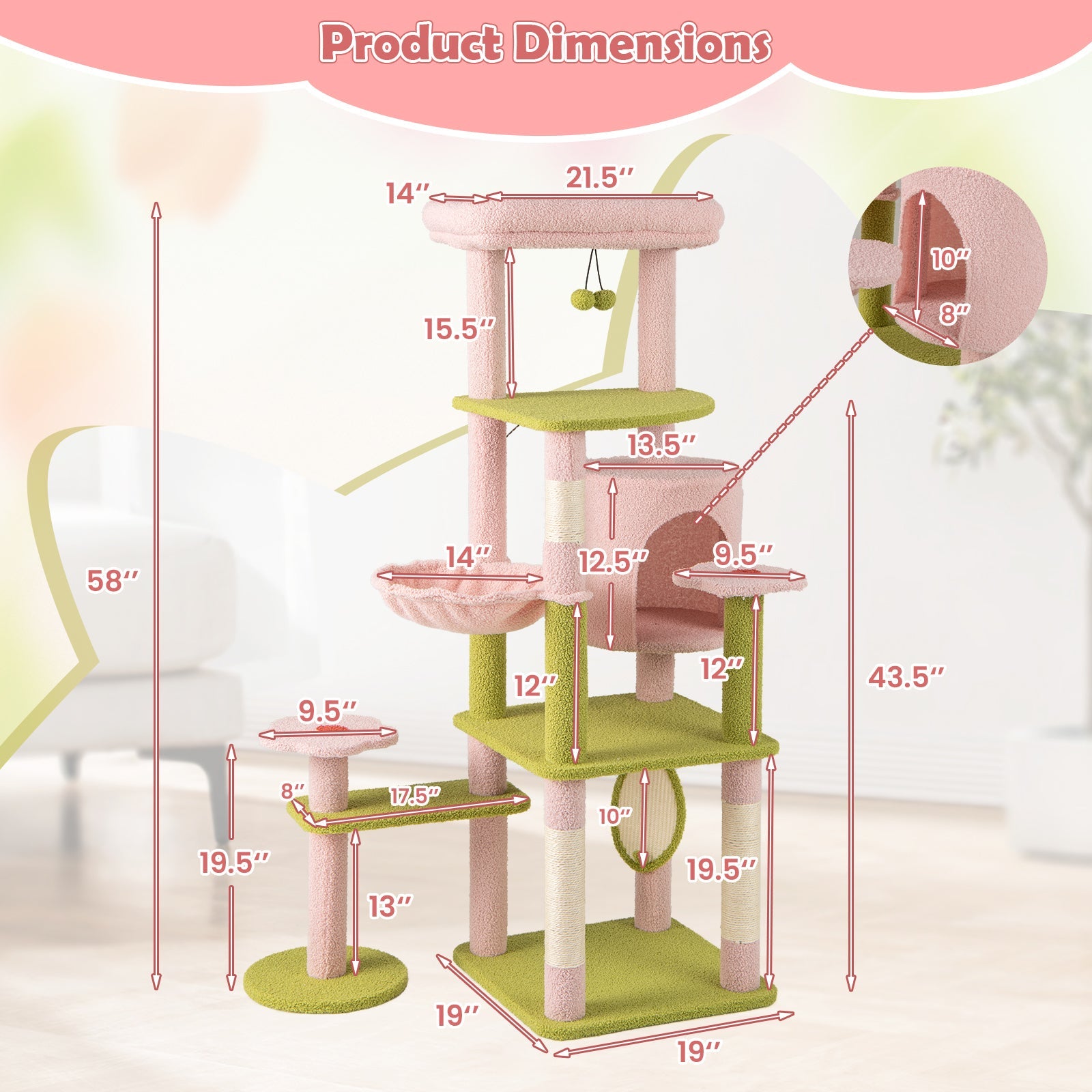 58 Inch Tall Multi-Level Cat Tree Aesthetic Floral Kitten Tower-Pink