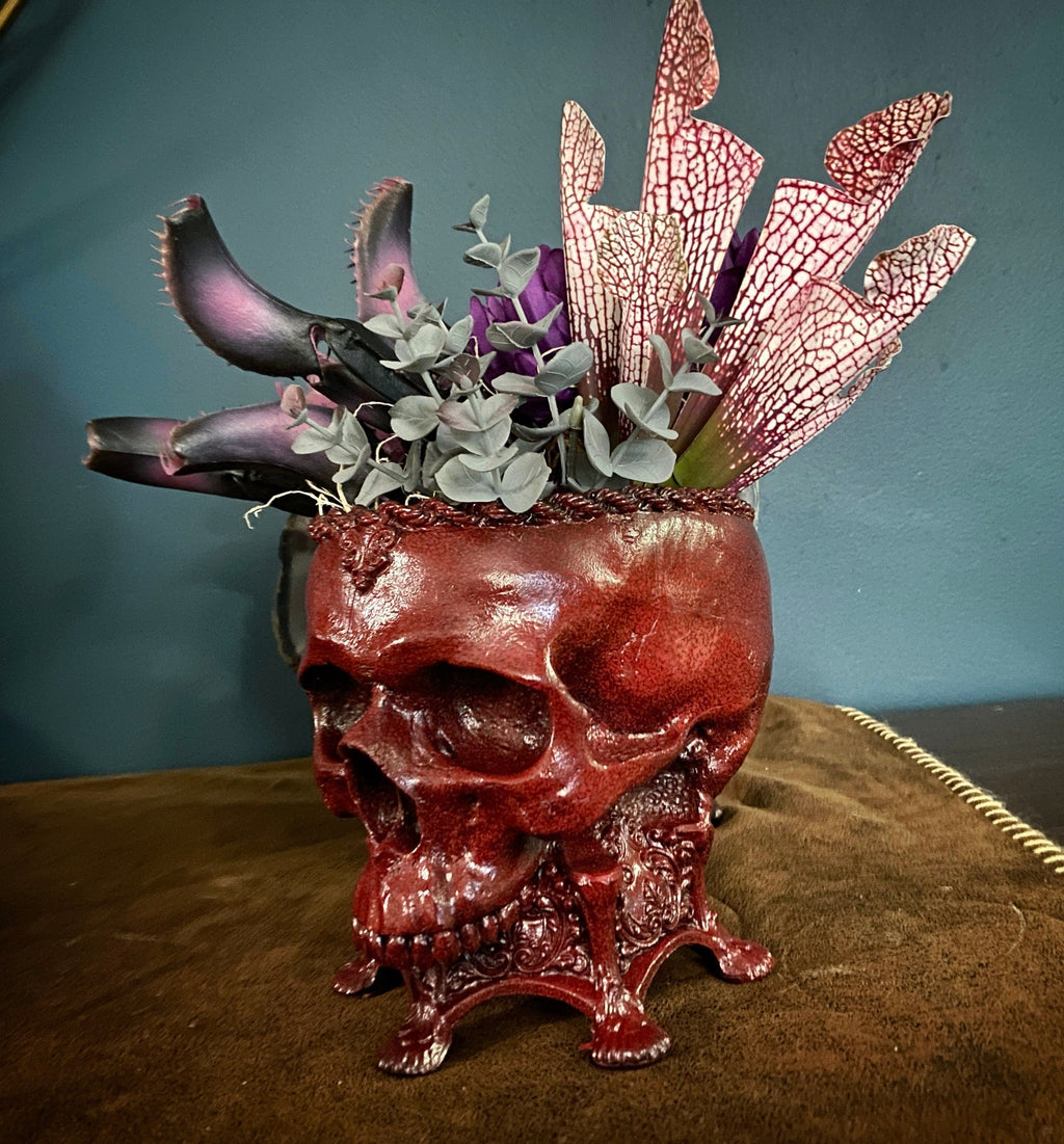 Human Skull Planter Blood Red Finish, Hand Painted Resin Sculpture | Unique Gothic Home Decor | Spooky Art Gift and Gothic Home Decor