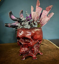 Human Skull Planter Blood Red Finish, Hand Painted Resin Sculpture | Unique Gothic Home Decor | Spooky Art Gift and Gothic Home Decor