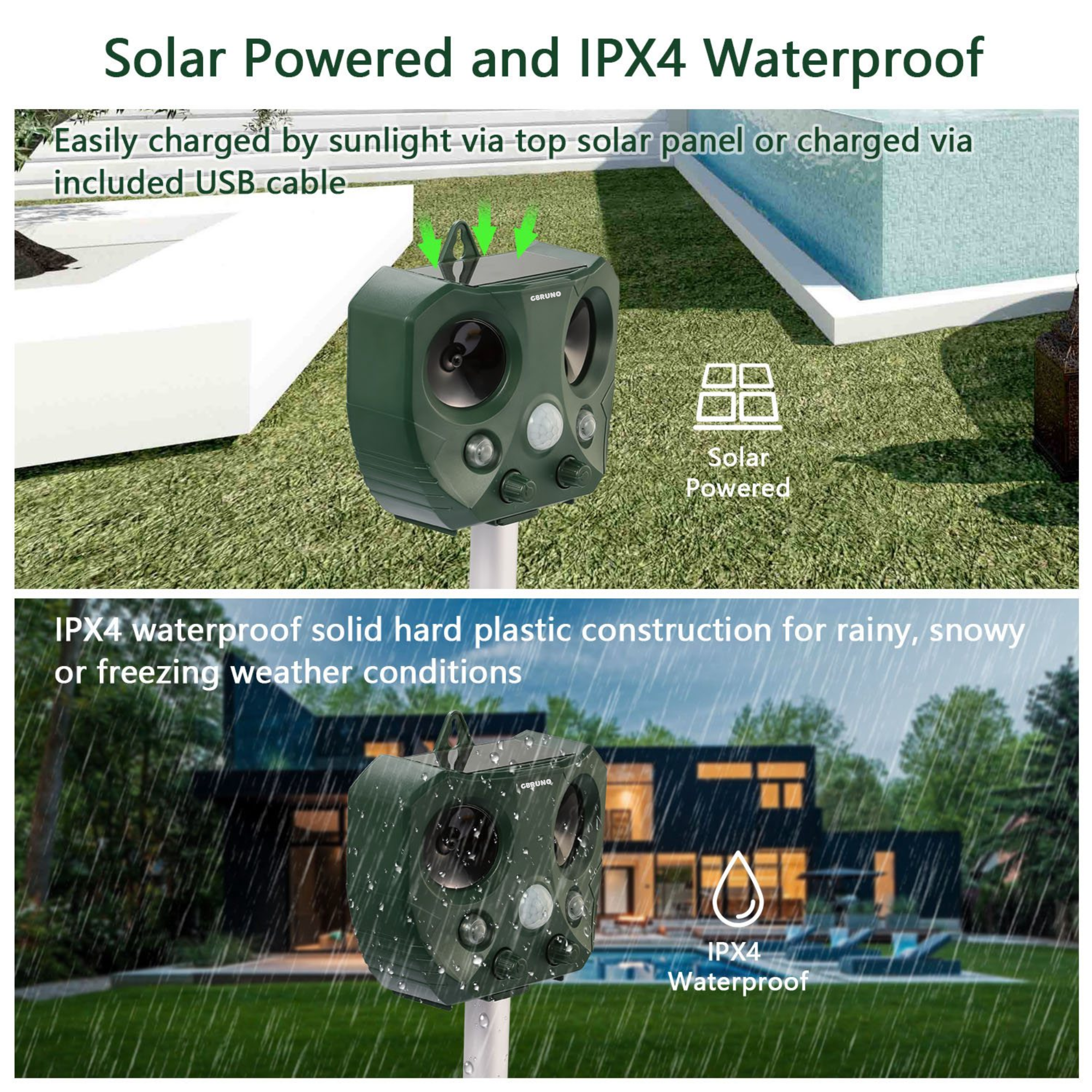 Ultrasonic Animal Repeller Solar Powered Repellent with Motion Sensor LED Flashing Lights IPX6 Waterproof Outdoor for Farm Garden Yard
