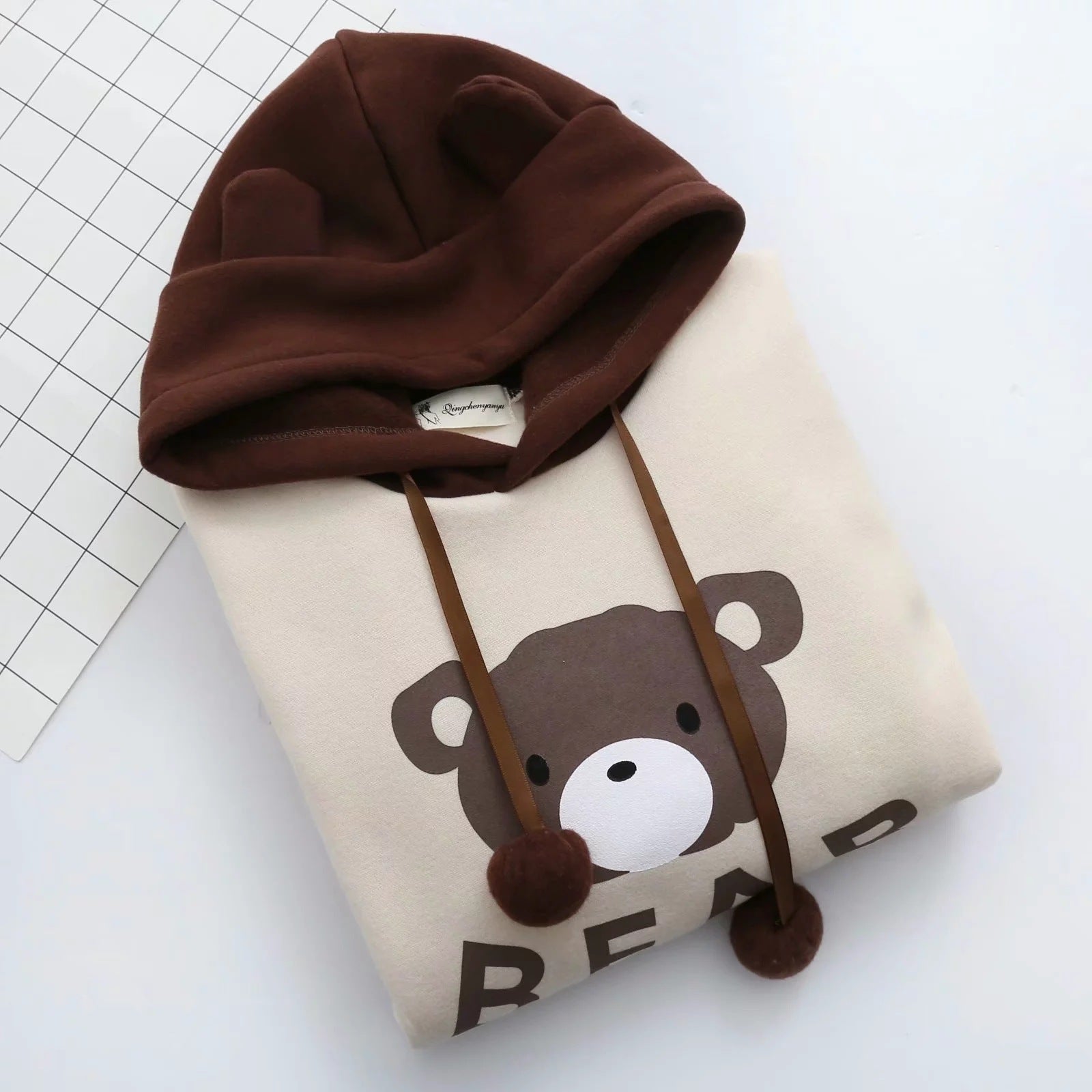 Woman Bear Cap Hoodies Sweatshirt Top Women Long Sleeve Ribbon Hair Ball Cute Sweatshirt Hooded Jumper Pullover Hoodie Hooded Sweatshirt
