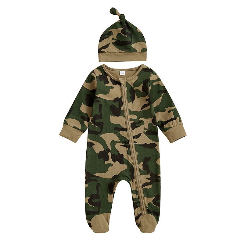 Newborn Baby Girls Boys Camouflage Military Deisgn Romper Infant Cute Zipper Casual Jumpsuit Hairband Hat Set Clothes For Girls And Boys