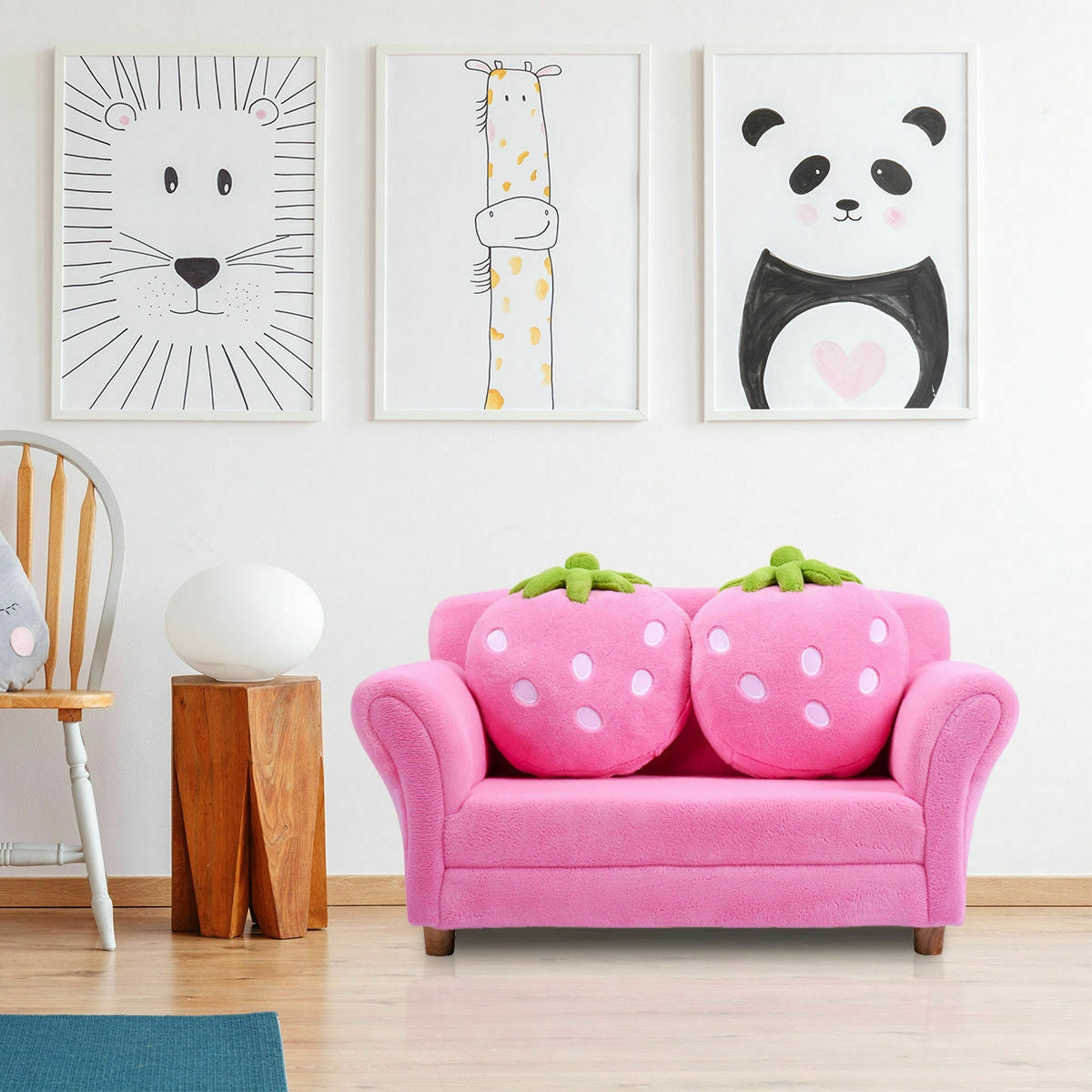 Kids Strawberry Armrest Chair Sofa with 2 Cute Strawberry Pillows-Pink