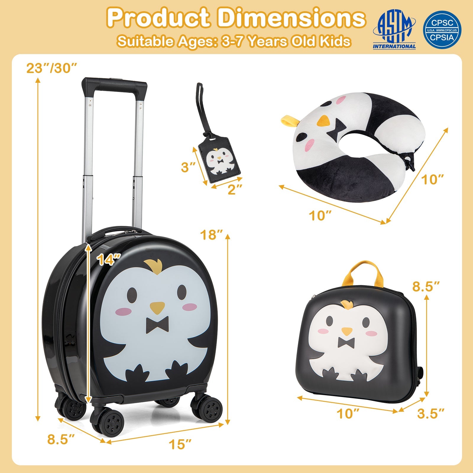 Kids Luggage Set with 14 Inches Carry-on Hardside Spinner Toddler Luggage and 10 Inches Backpack-Black