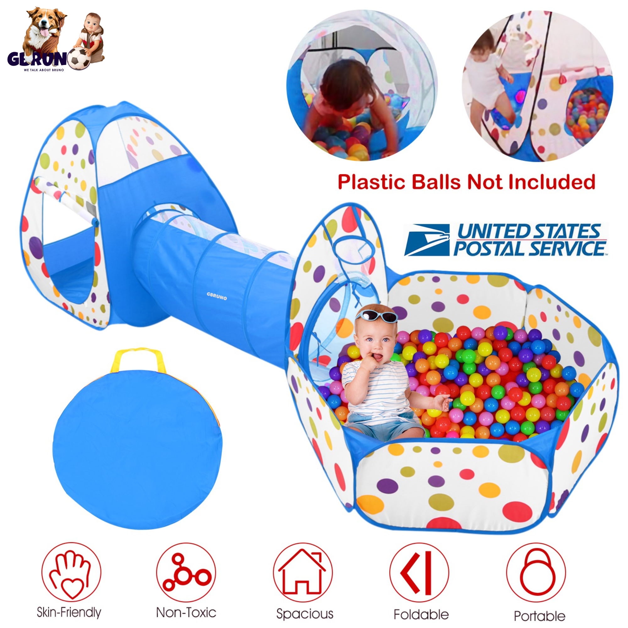 3 In 1 Child Crawl Tunnel Tent Kids Play Tent Ball Pit Set Foldable Children Play House Pop-up Kids Tent w/Storage Bag for Indoor Outdoor Travel Use
