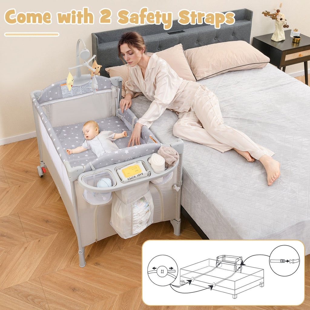 5-in-1  Portable Baby Beside Sleeper Bassinet Crib Playard with Diaper Changer-Beige