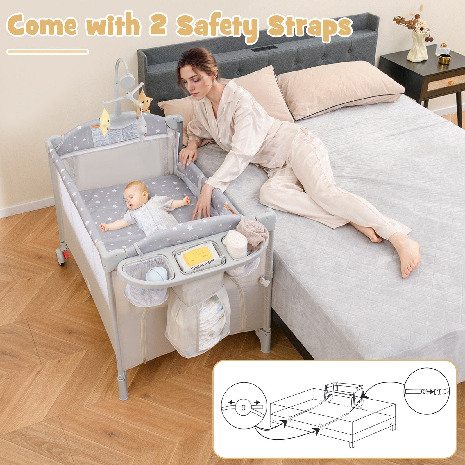 5-in-1  Portable Baby Beside Sleeper Bassinet Crib Playard with Diaper Changer-Beige