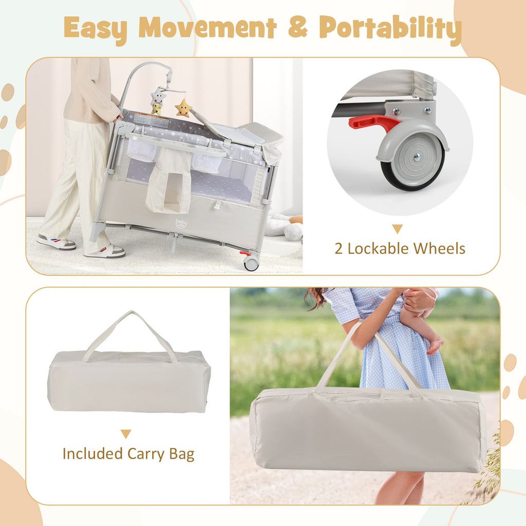 5-in-1  Portable Baby Beside Sleeper Bassinet Crib Playard with Diaper Changer-Beige