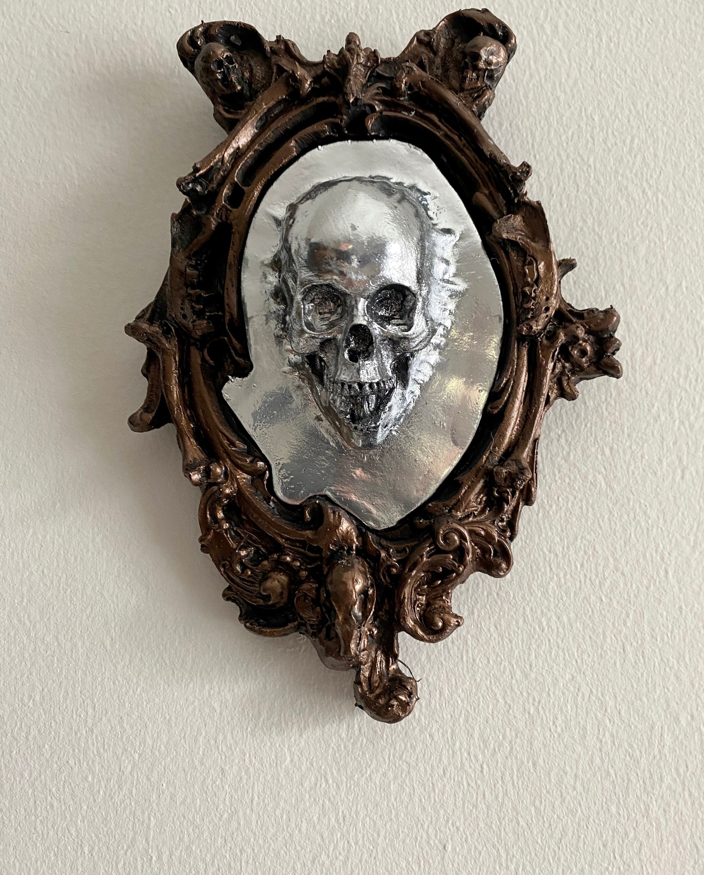 Spectral Skull Wall Plaque, Resin Sculpture | Victorian Gothic Haunted Wall Art | Ghost Skull in Mirror for Halloween, Spooky Home Decor