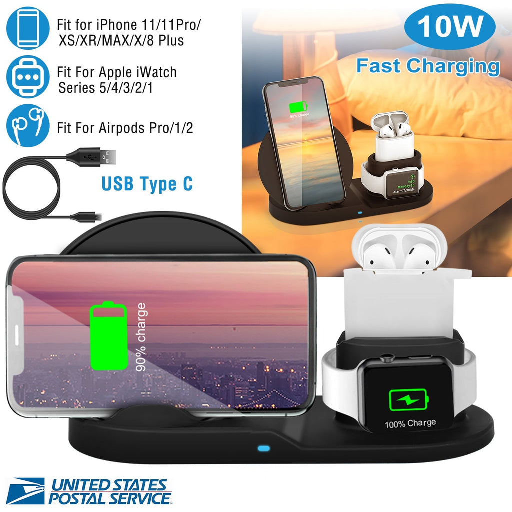 Wireless Charger 10W Fast Charging Station For iPhone Apple iWatch Series 5/4/3/2/1 AirPods Fit For iPhone 11/11Pro/XS/XR/MAX/X/8 Plus/8 Samsung Galax