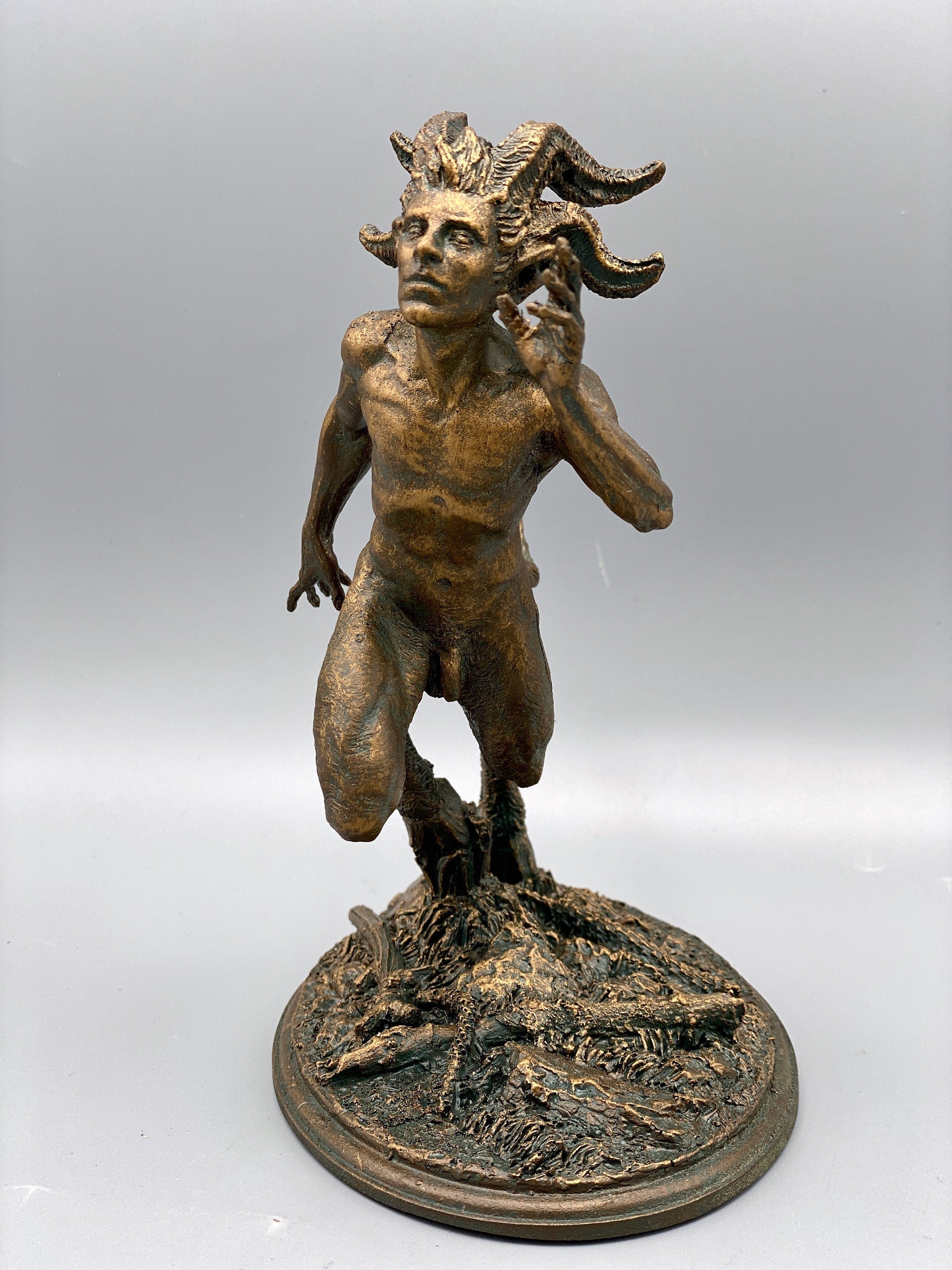 Running Satyr Statue, Hand Painted Resin Sculpture | Mythical Creature Figurine | Unique Legendary Faun Figurine. Fantasy Art Decor
