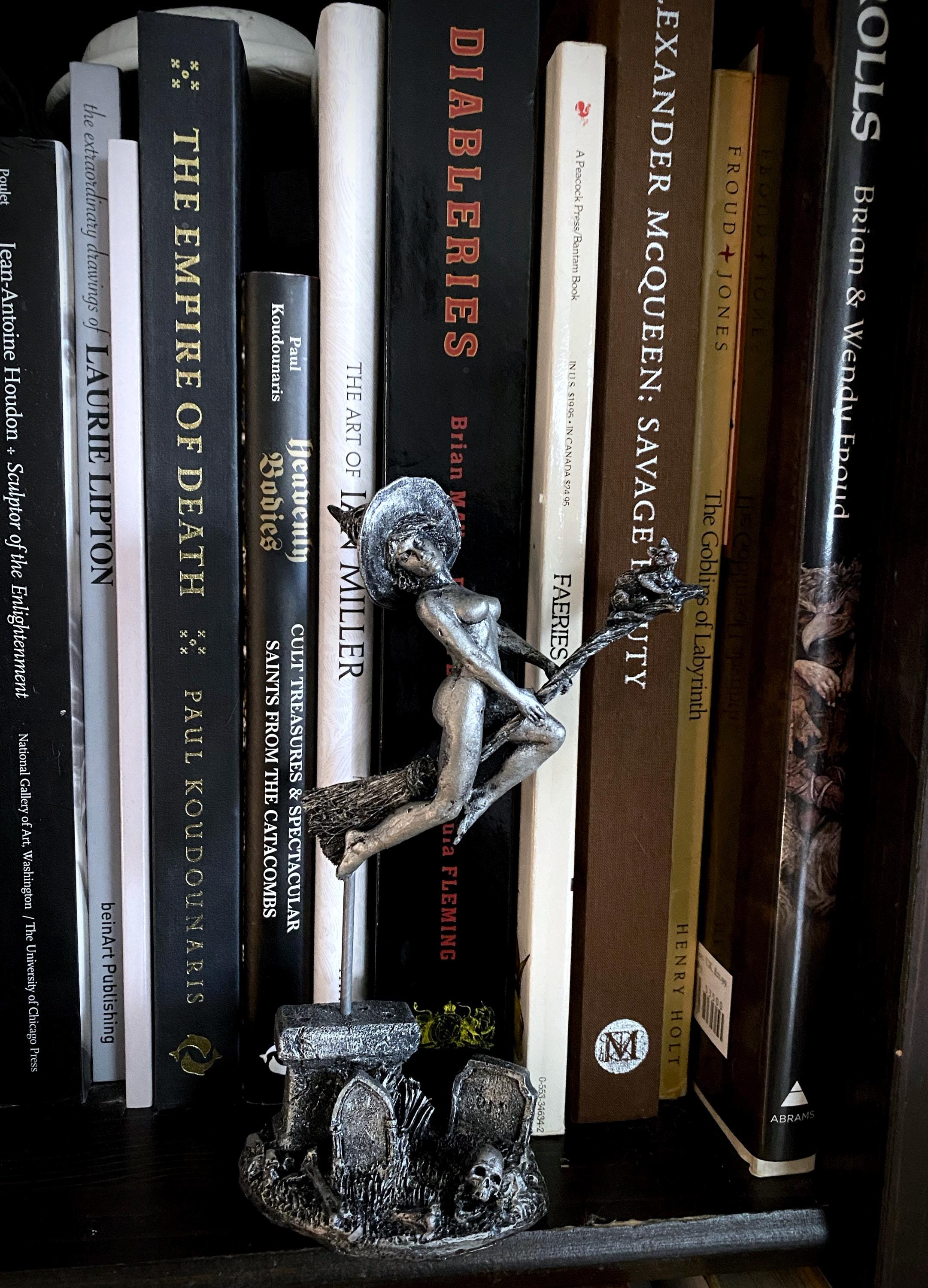 Witch’s Sabbath: Broomstick Rider Statue, Hand Painted Resin Sculpture | Pagan Folklore Figurine | Witchy Art for Gothic Home Decor
