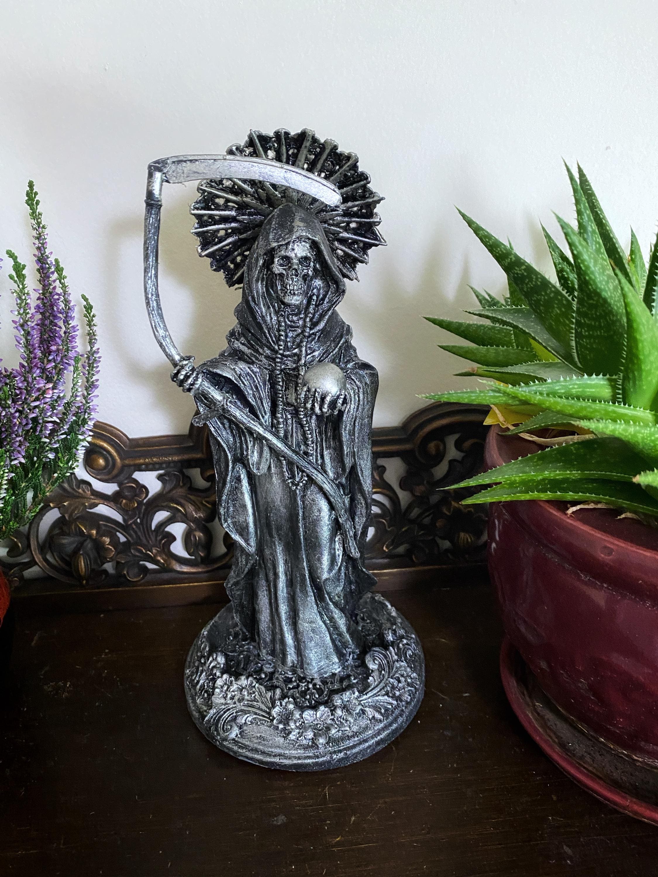 Santa Muerte Statue, Hand Painted Sculpture | Mexican Saint of Death Altar Statue | Gothic Figurine, Dia de los Muertos Decor