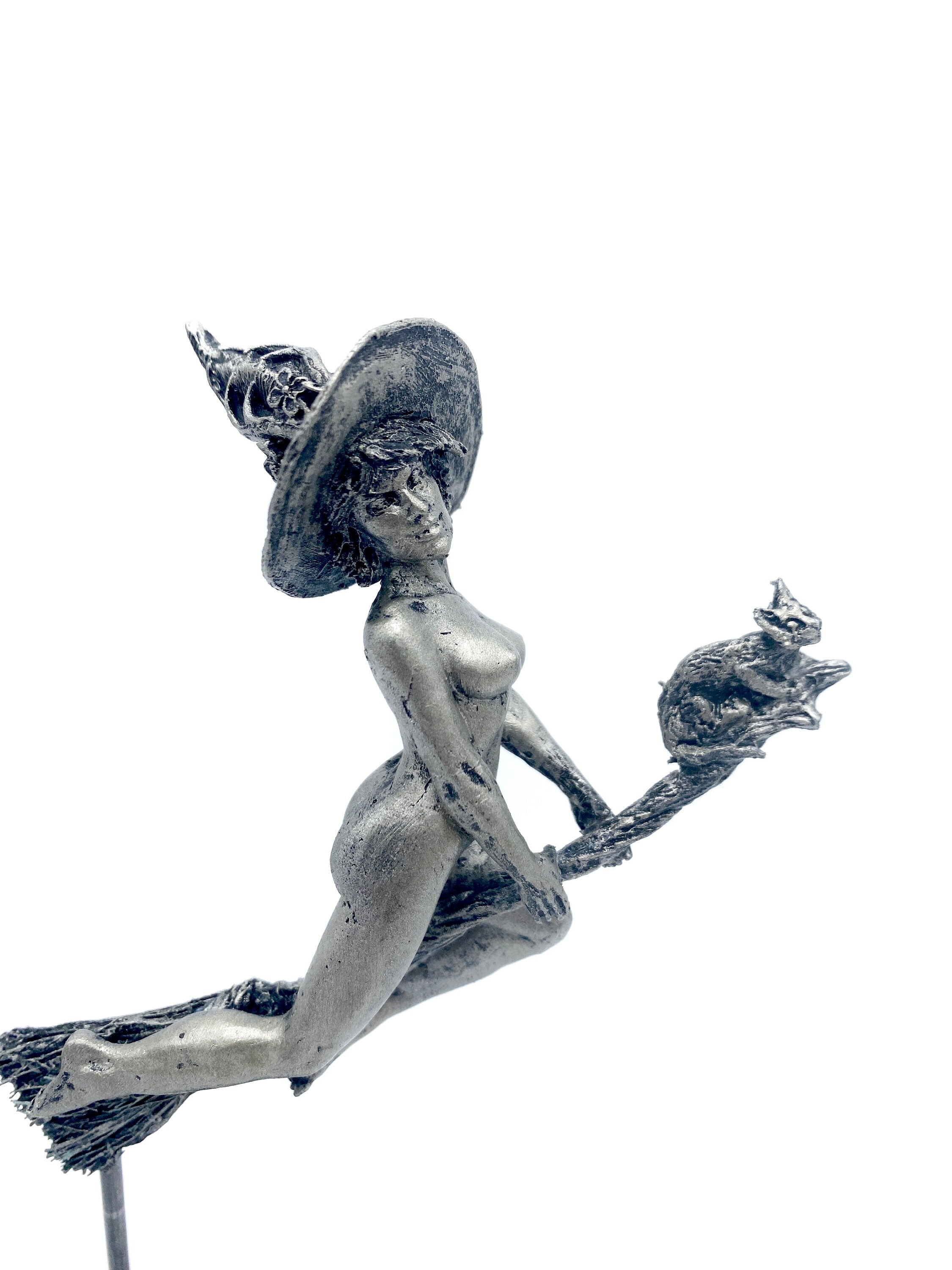 Witch’s Sabbath: Broomstick Rider Statue, Hand Painted Resin Sculpture | Pagan Folklore Figurine | Witchy Art for Gothic Home Decor