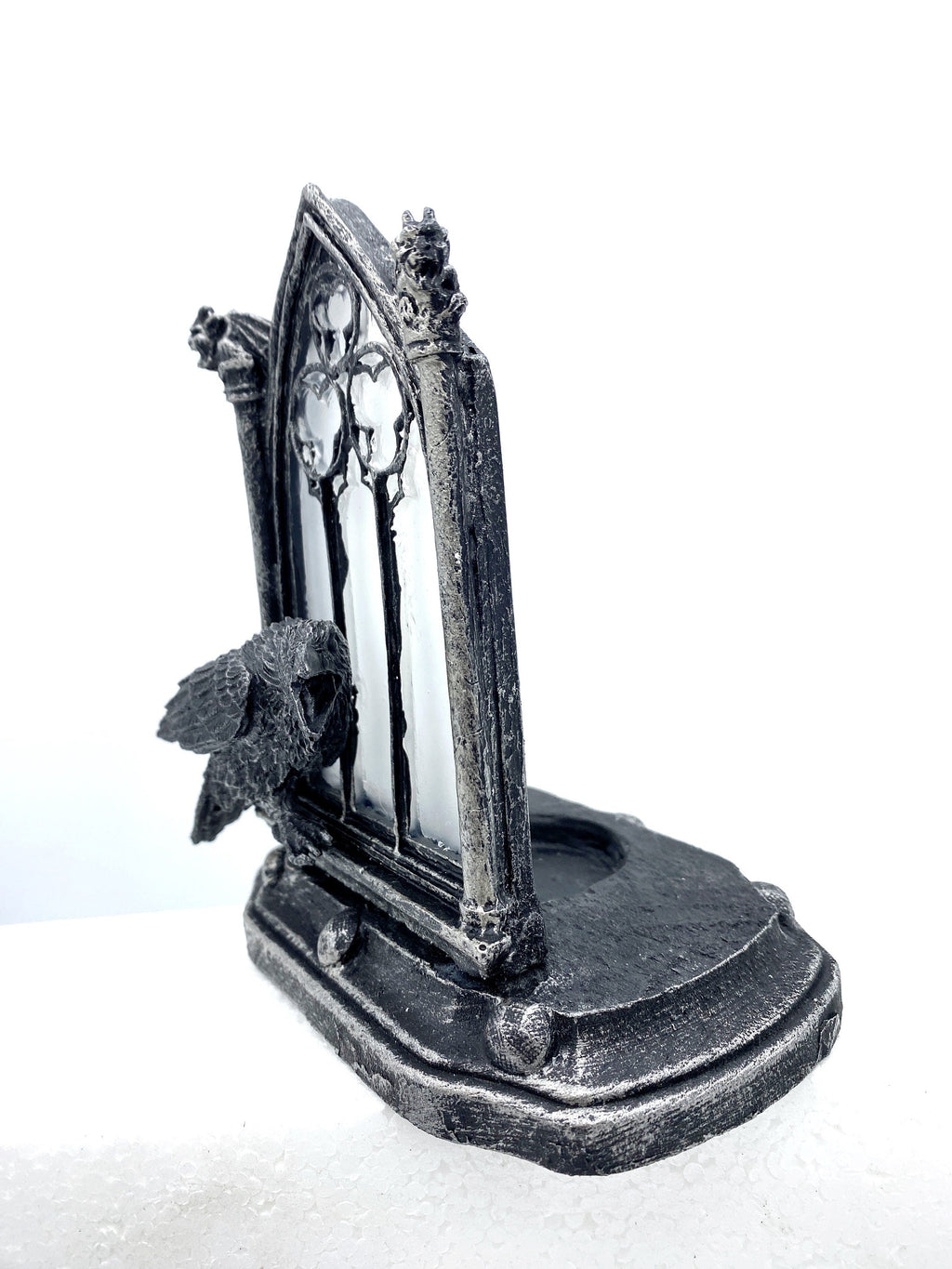 Raven and Window Tea Light, Hand Painted Resin Sculpture | Medieval Gothic Night Light | Poe’s Raven Lighting for Gothic Fantasy Home Decor
