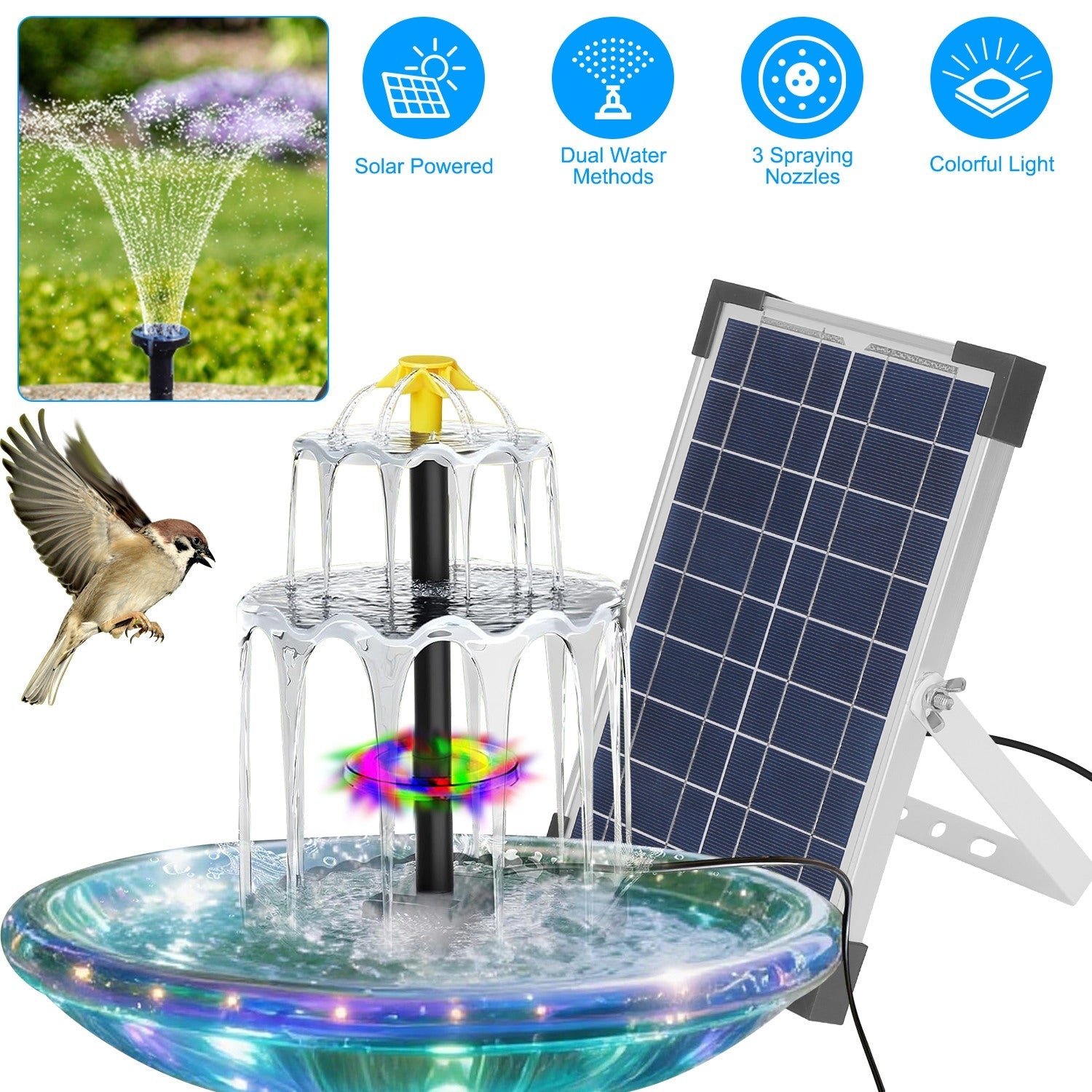 3-Tier Solar Bird Bath Fountain Solar Powered Water Pump Waterfall Feature with Colorful Light 3 Nozzles 6W Solar Panel for Bird Bath Patio Yard Pond