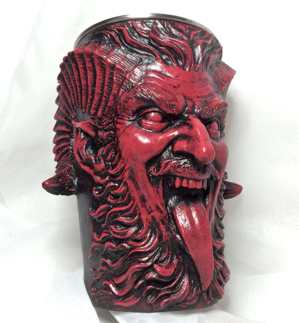 Krampus Mug, Red Finish | Hand Sculpted Resin Art Mug with Steel Liner | Unique Krampus Gift Cup and Gothic Home Decor