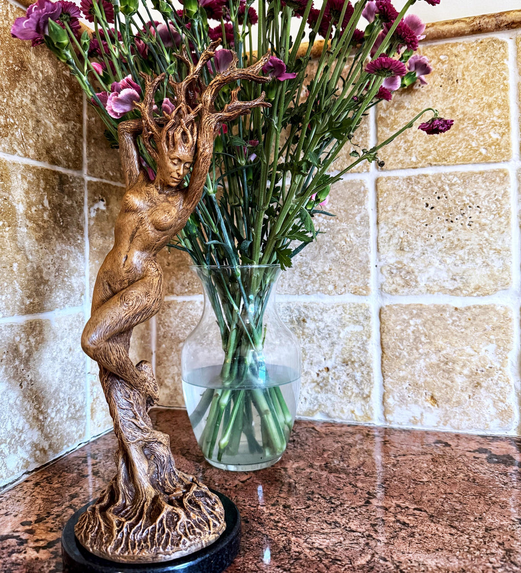 Dryad Statue, Hand Painted Resin Sculpture | Mythical Forest Creature Figurine |14” Woodland Goddess Altar Statue for Fantasy Art Decor