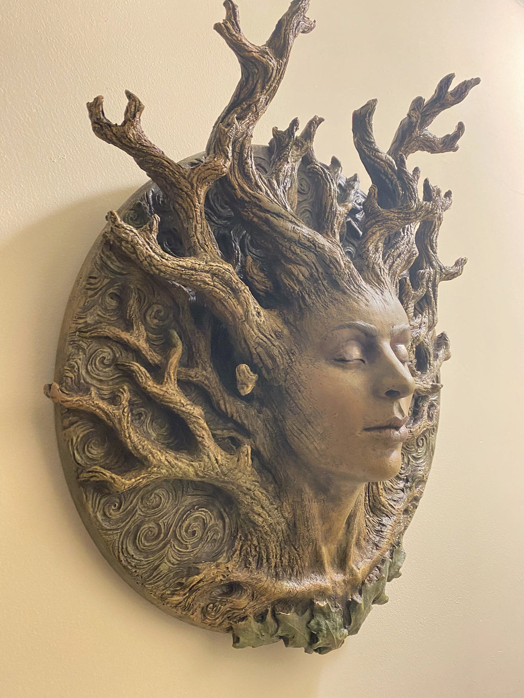 Dryad Bust, Life Sized Wall Plaque Resin Sculpture | Mythic Forest Creature Wall Art | Woodland Goddess Wall Plaque for Nature Lovers
