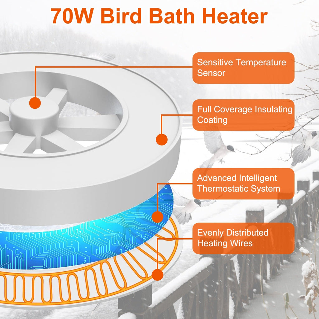 70W Outdoor Bird Bath Heater Winter Deicer with Thermostat, Auto Shutoff & Waterproof Design