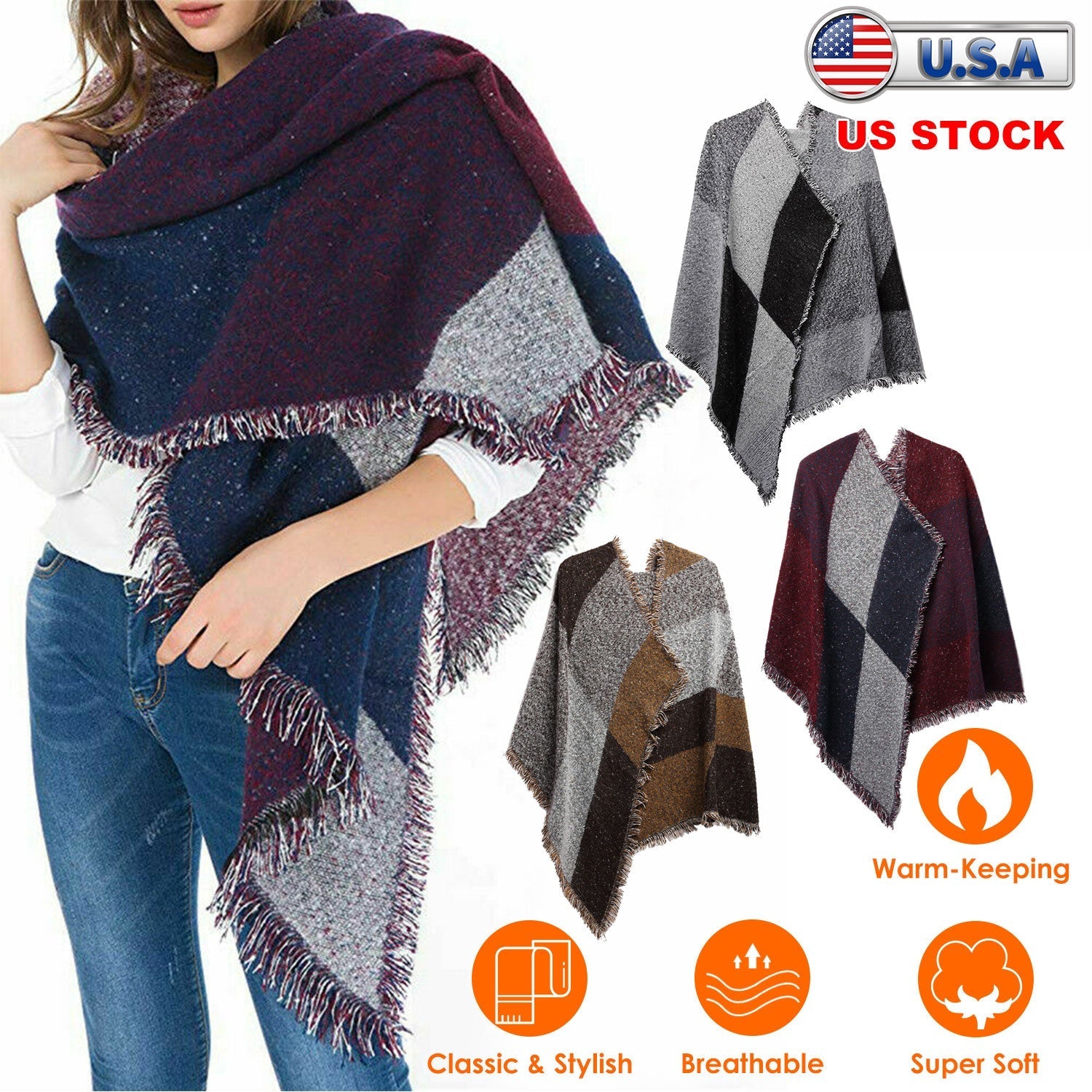 Women Winter Warm Scarf 74.8x25.6In Long Soft Knitted Shawl Extra Thick Plaid Blanket Wrap Cape