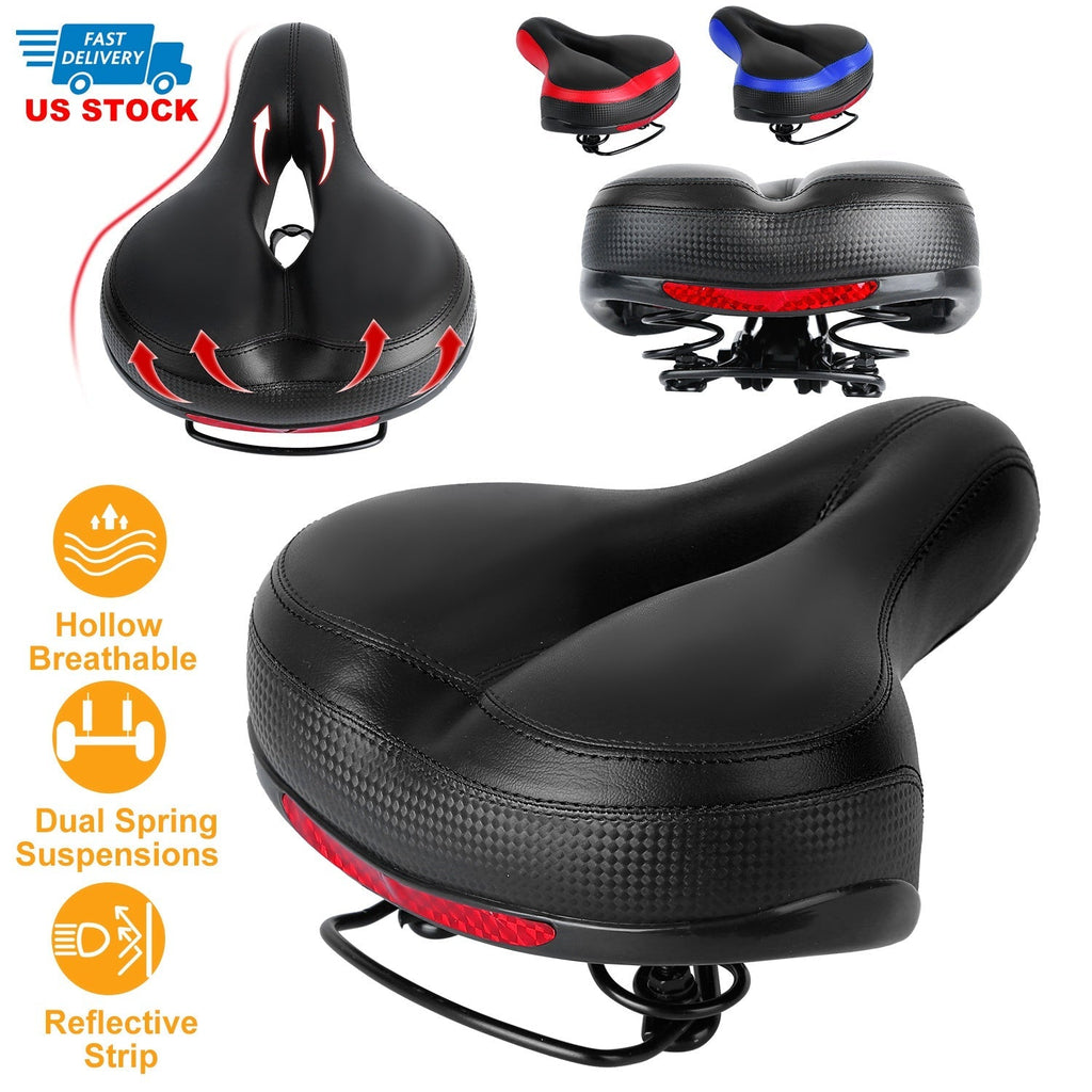 Bike Seat Water-Resistant Comfortable Bicycle Padded Saddle Wear Resistant Hollow Leather  _x000B__x000B_Seat Cushion w/ Dual Springs Reflective Strip for Mountai