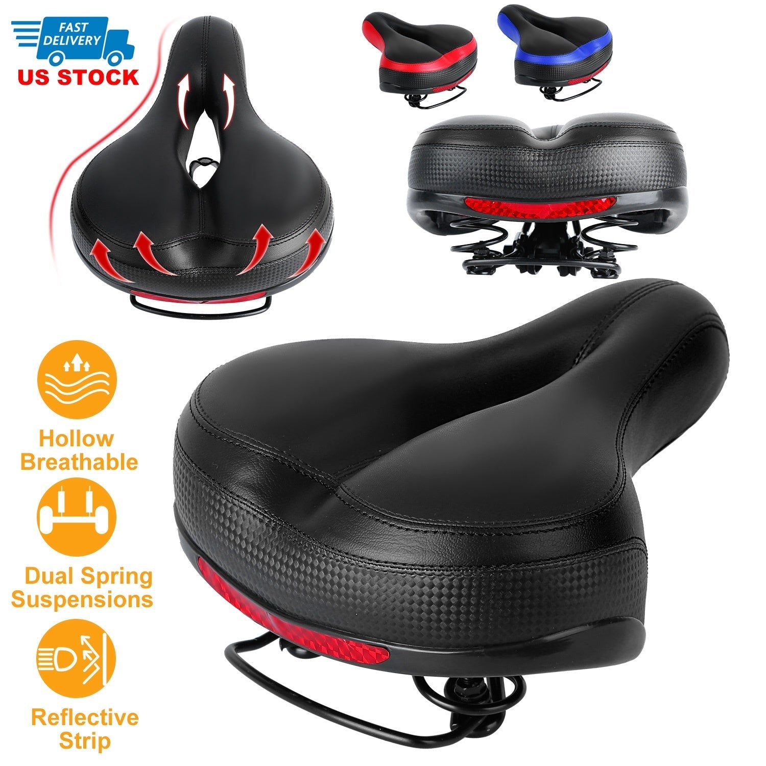 Bike Seat Water-Resistant Comfortable Bicycle Padded Saddle Wear Resistant Hollow Leather  _x000B__x000B_Seat Cushion w/ Dual Springs Reflective Strip for Mountai