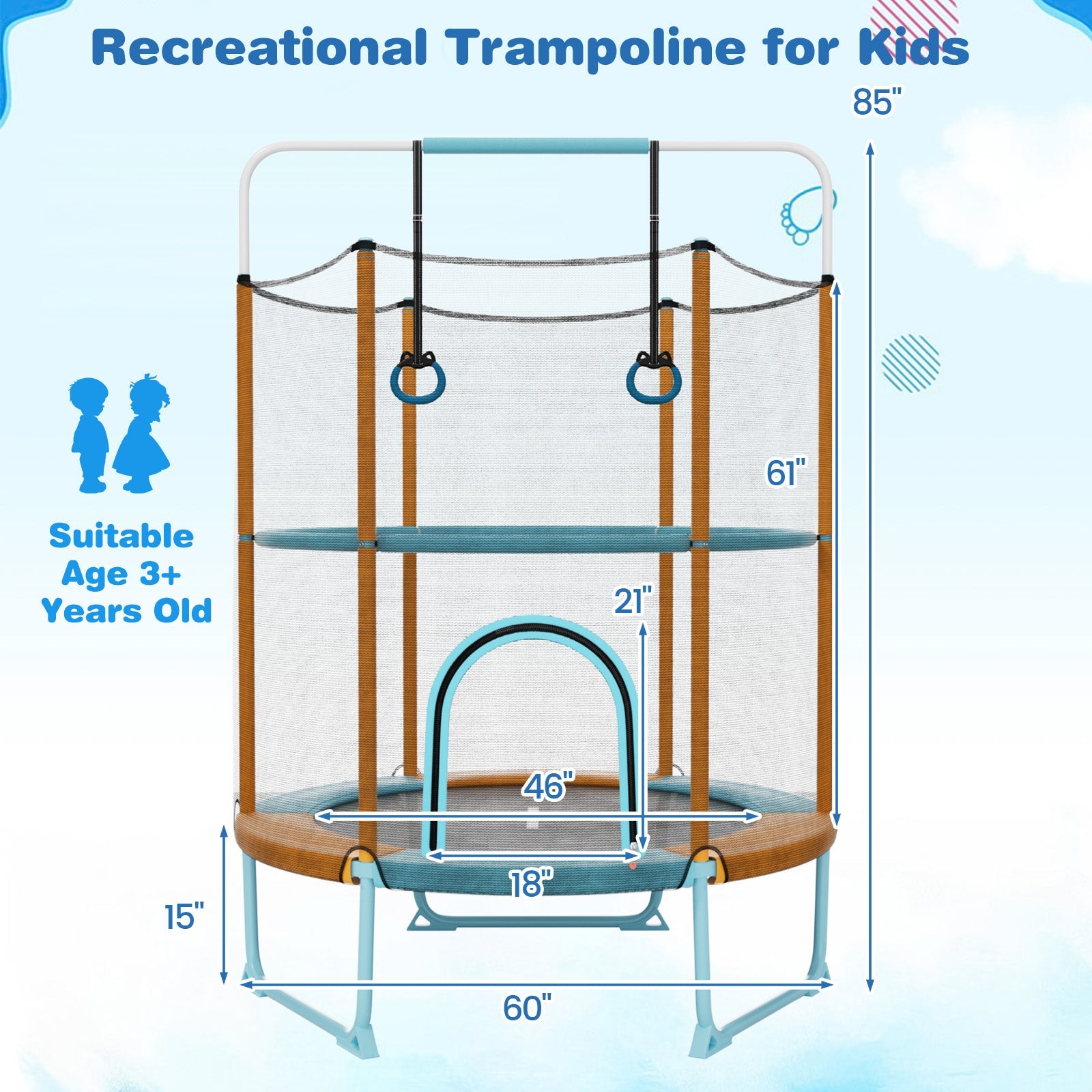 60 Inch Trampoline with Gymnastic Bar and Rings for Kids-Orange